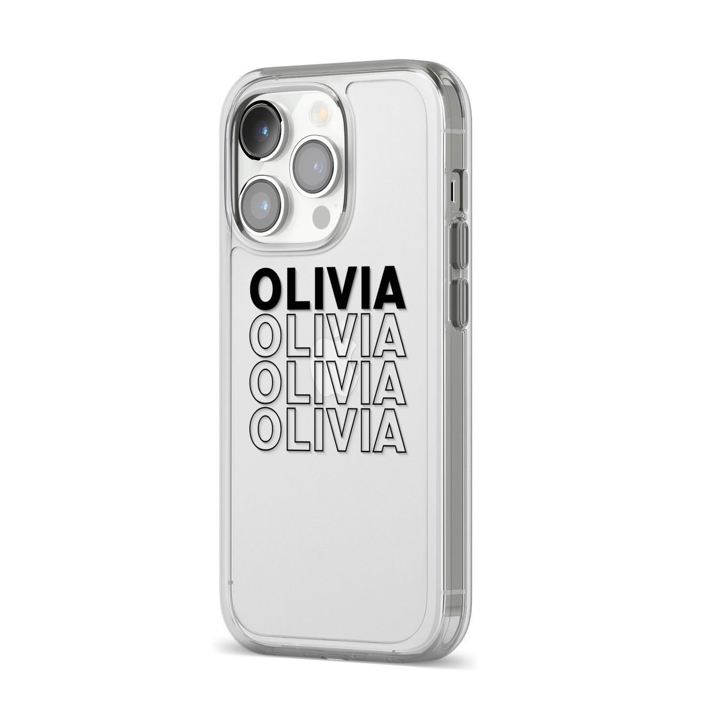 Custom Repeat Name iPhone 14 Pro Clear Tough Case Silver Angled Image