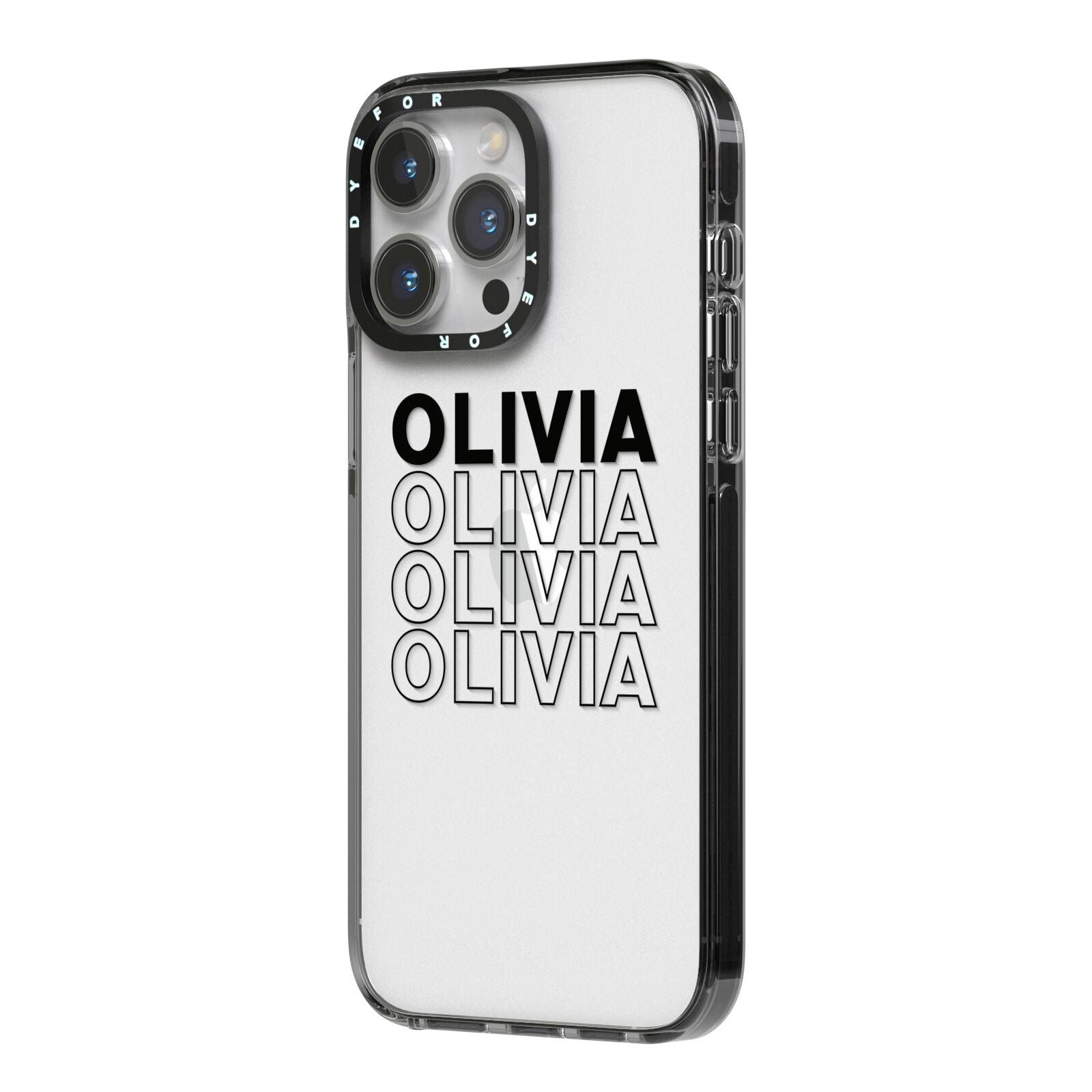 Custom Repeat Name iPhone 14 Pro Max Black Impact Case Side Angle on Silver phone