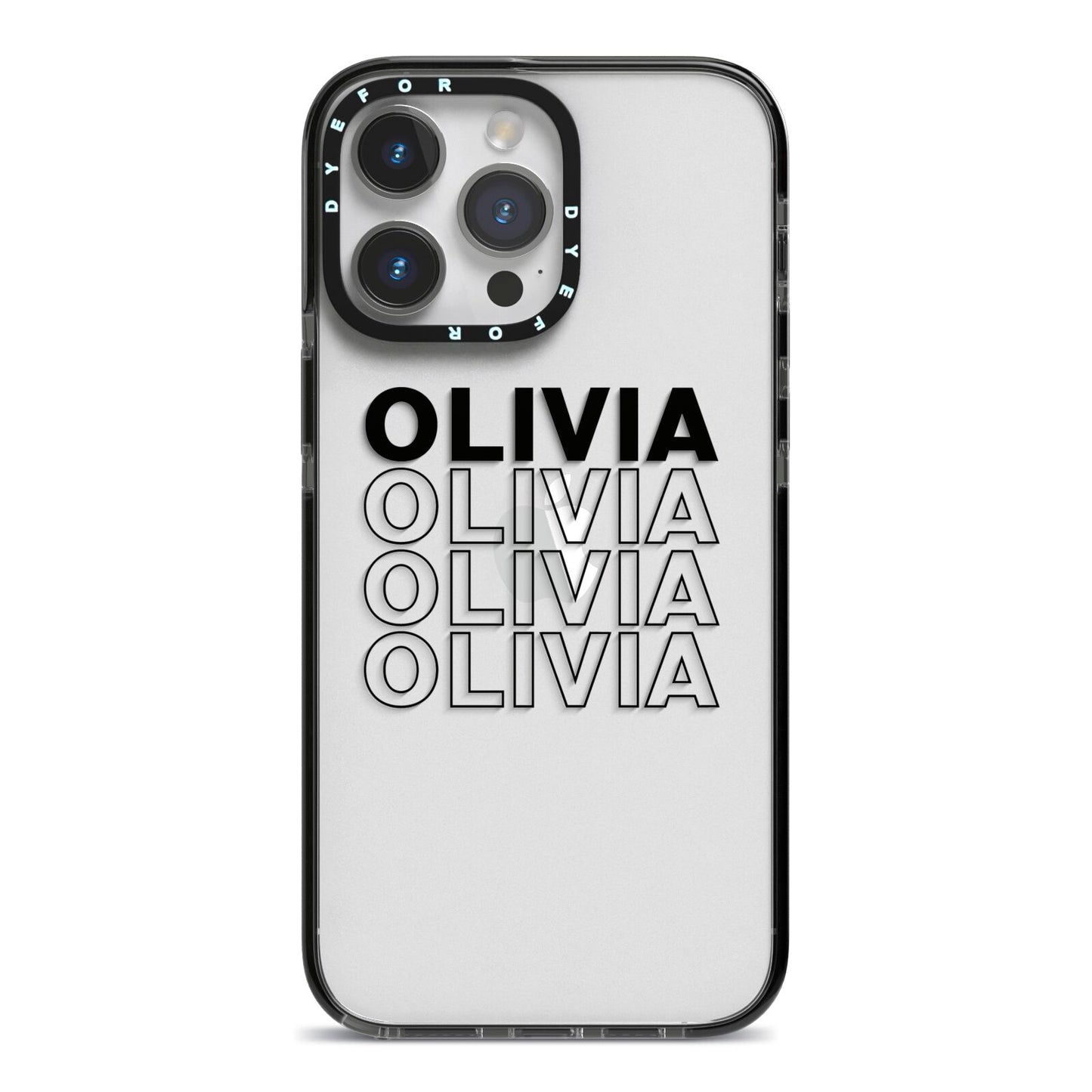 Custom Repeat Name iPhone 14 Pro Max Black Impact Case on Silver phone