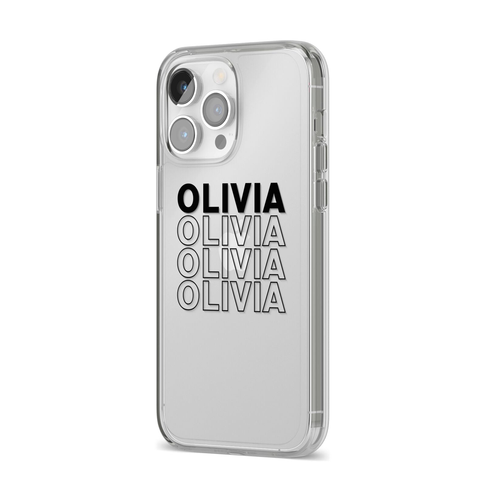 Custom Repeat Name iPhone 14 Pro Max Clear Tough Case Silver Angled Image