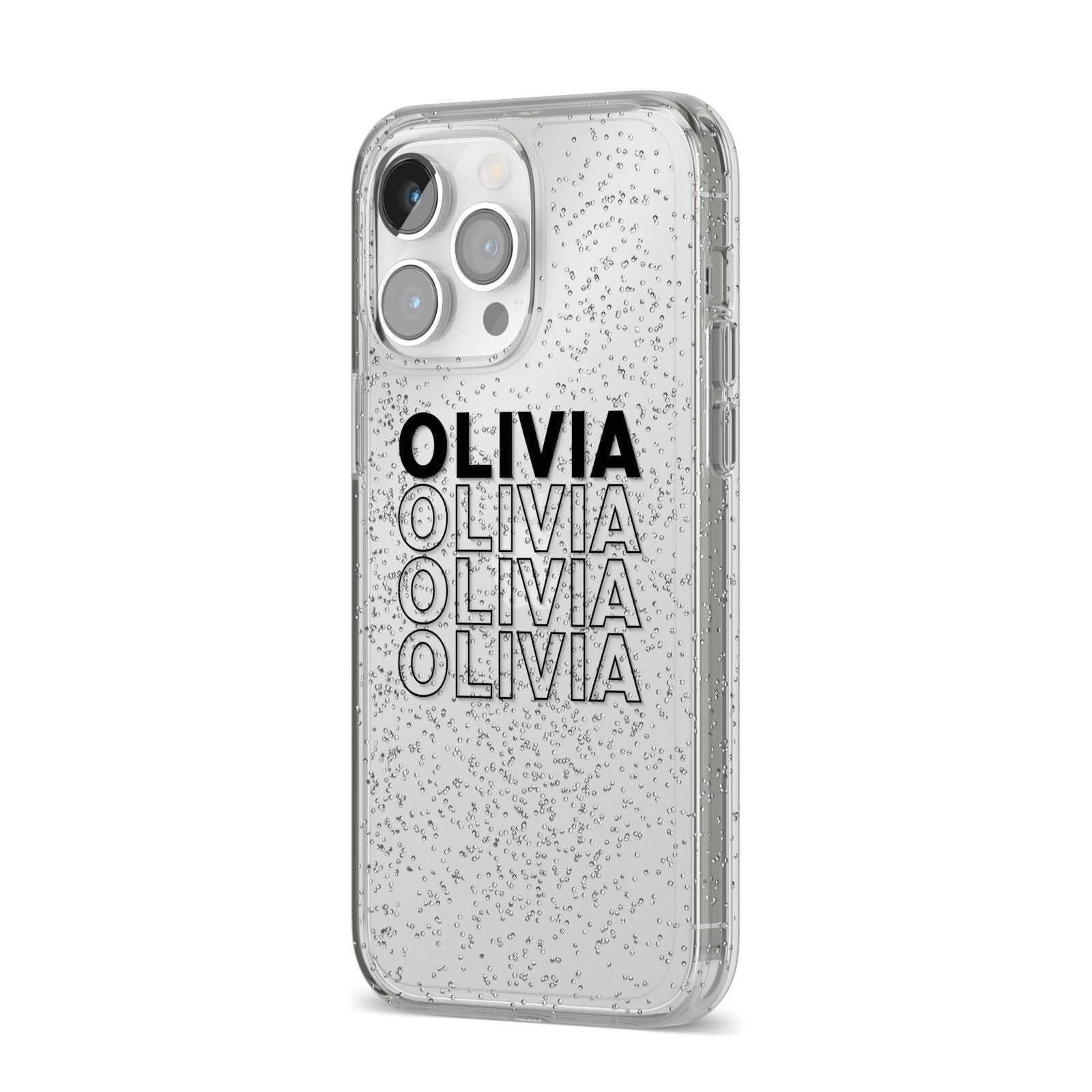 Custom Repeat Name iPhone 14 Pro Max Glitter Tough Case Silver Angled Image