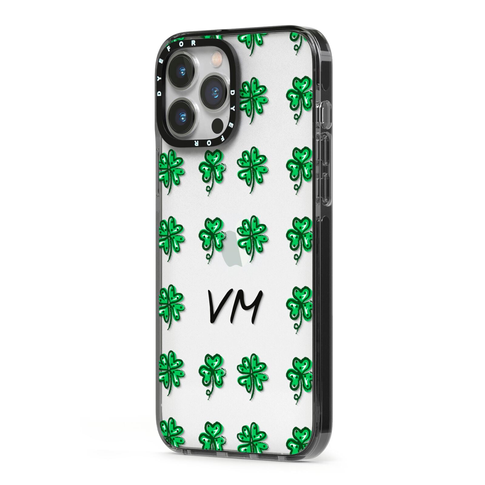 Custom Shamrocks iPhone 13 Pro Max Black Impact Case Side Angle on Silver phone