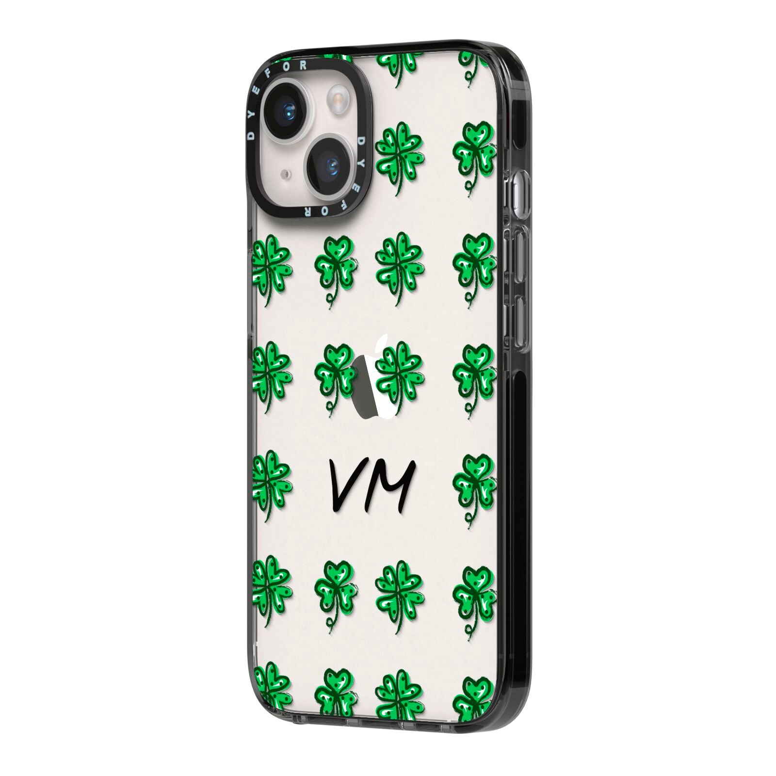 Custom Shamrocks iPhone 14 Black Impact Case Side Angle on Silver phone