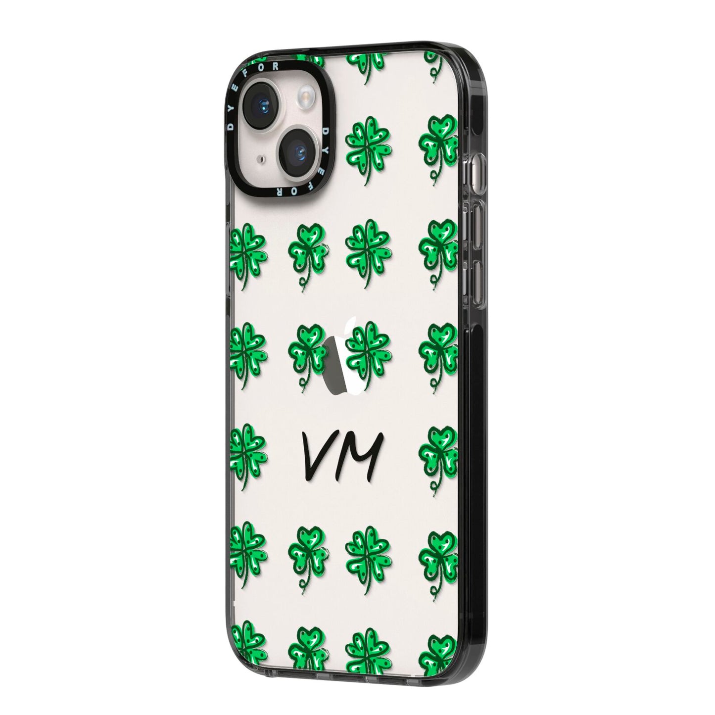 Custom Shamrocks iPhone 14 Plus Black Impact Case Side Angle on Silver phone