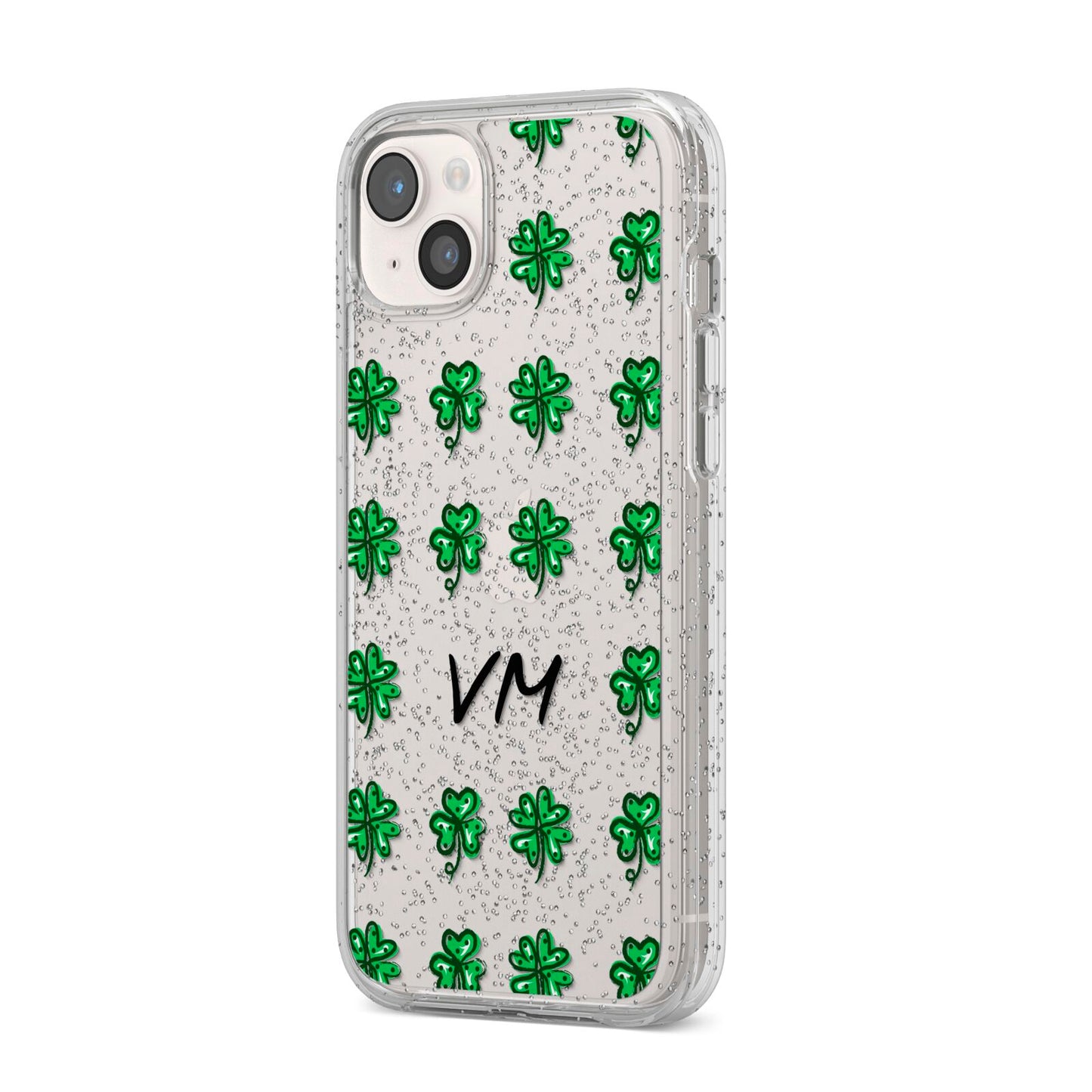 Custom Shamrocks iPhone 14 Plus Glitter Tough Case Starlight Angled Image