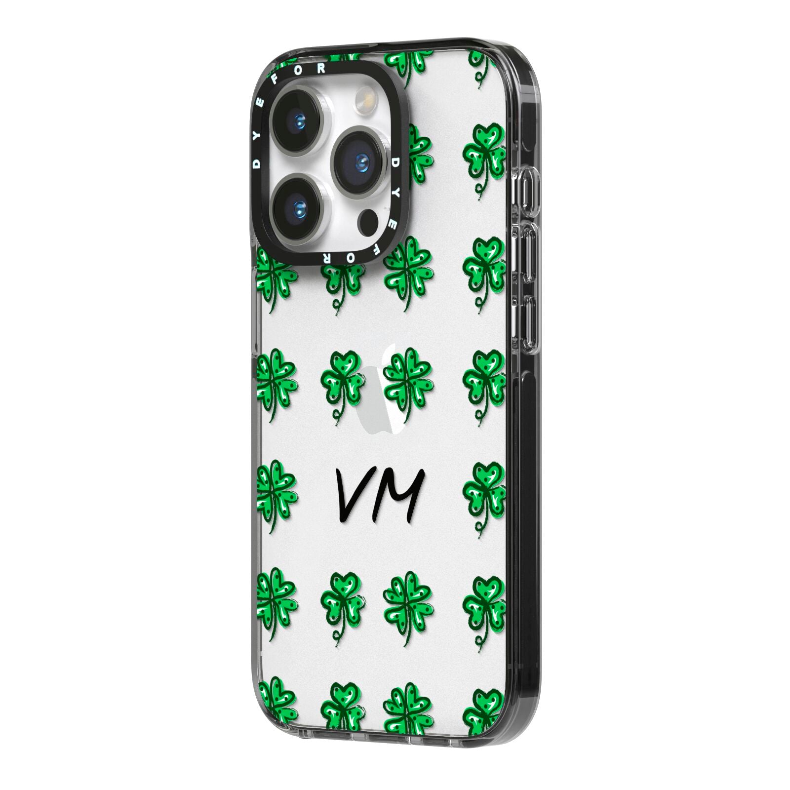 Custom Shamrocks iPhone 14 Pro Black Impact Case Side Angle on Silver phone