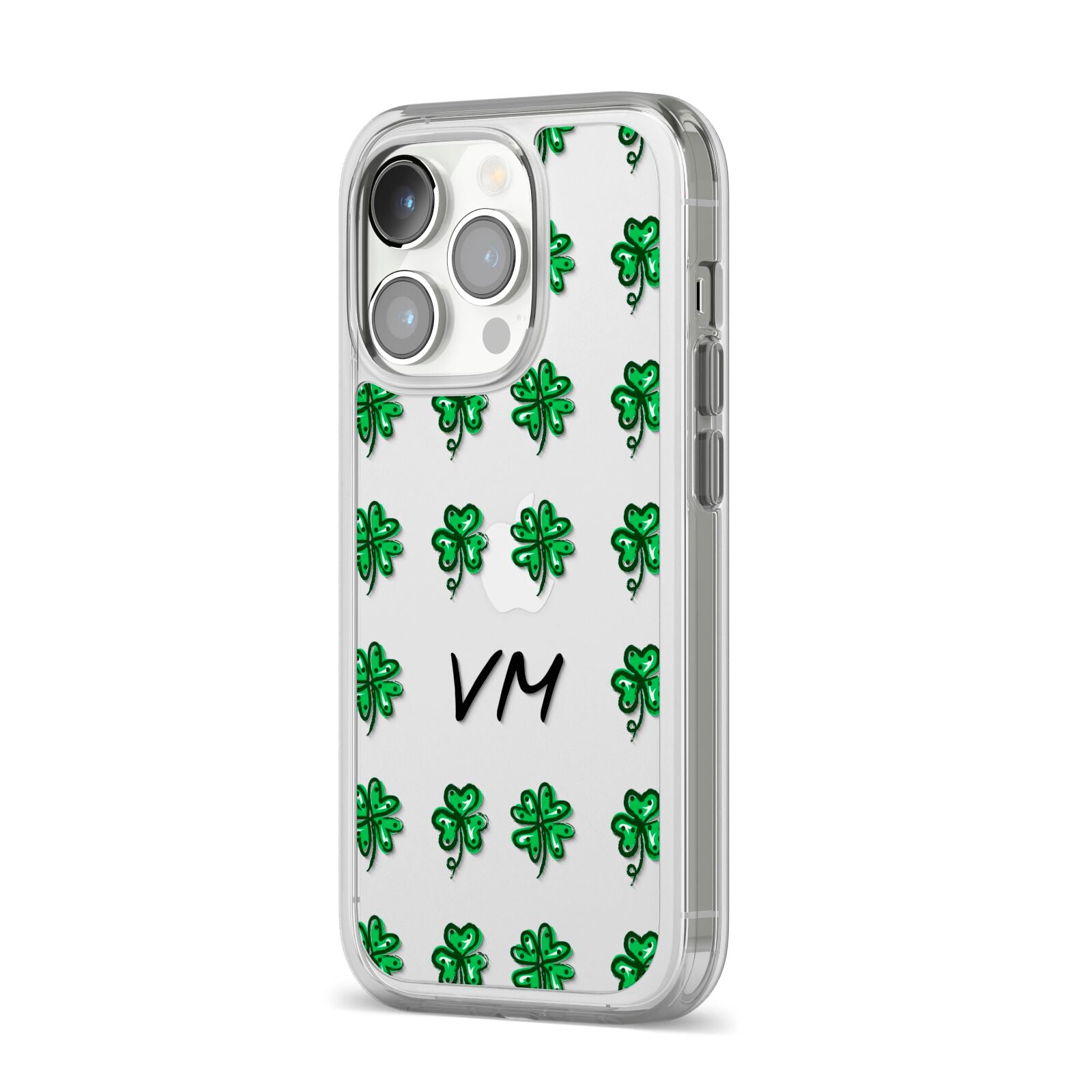 Custom Shamrocks iPhone 14 Pro Clear Tough Case Silver Angled Image