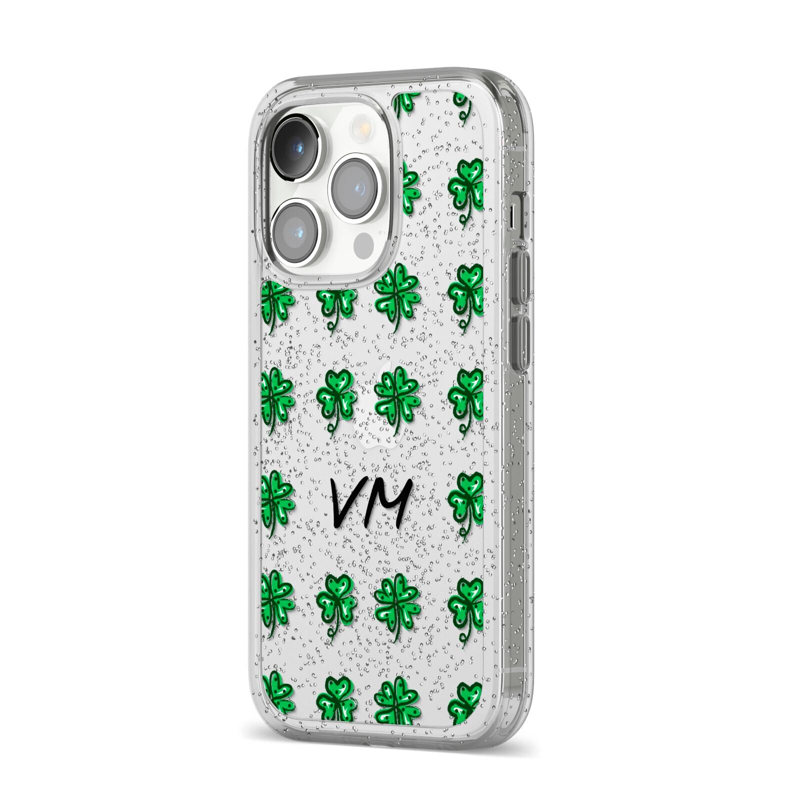 Custom Shamrocks iPhone 14 Pro Glitter Tough Case Silver Angled Image