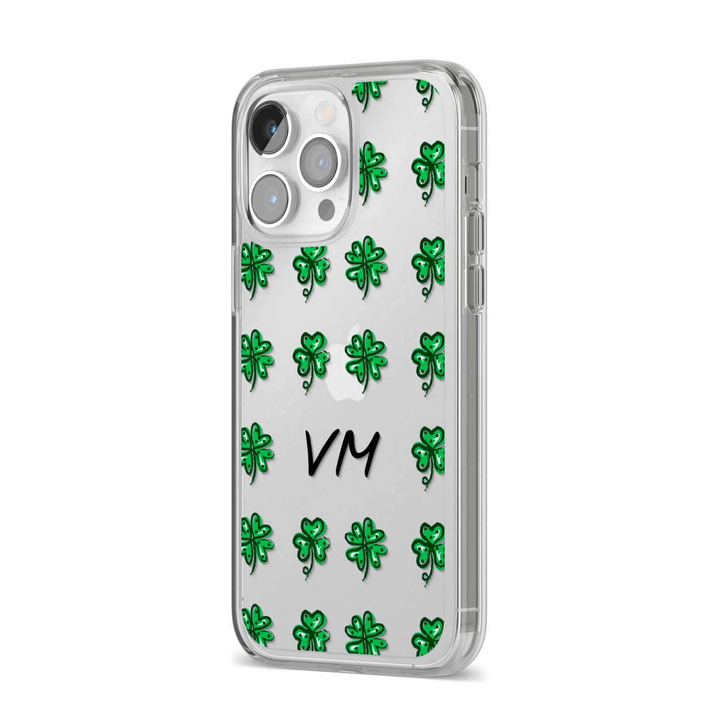 Custom Shamrocks iPhone 14 Pro Max Clear Tough Case Silver Angled Image