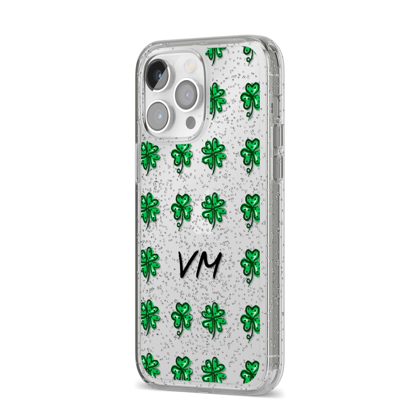 Custom Shamrocks iPhone 14 Pro Max Glitter Tough Case Silver Angled Image