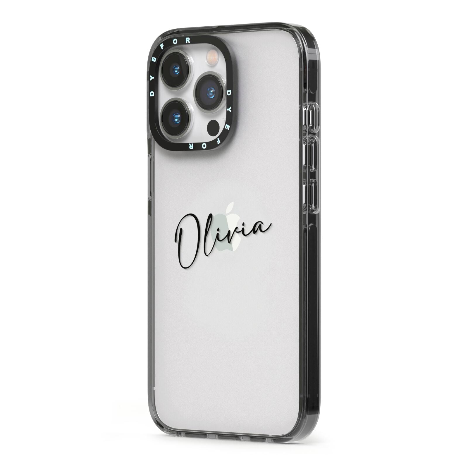 Custom Signature iPhone 13 Pro Black Impact Case Side Angle on Silver phone