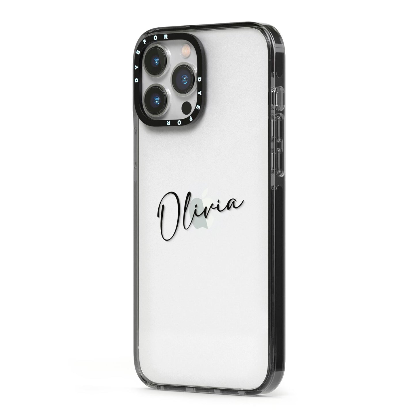 Custom Signature iPhone 13 Pro Max Black Impact Case Side Angle on Silver phone