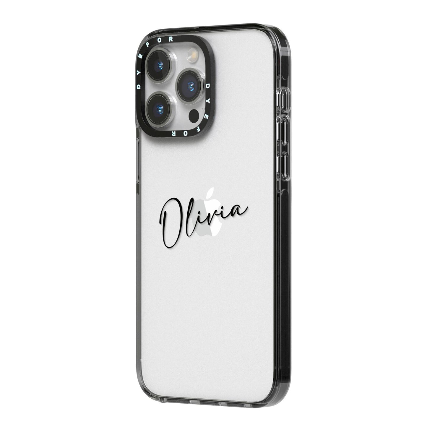 Custom Signature iPhone 14 Pro Max Black Impact Case Side Angle on Silver phone