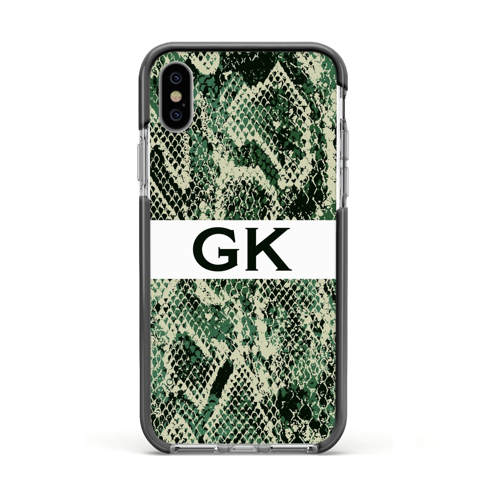 Custom Snakeskin Effect Apple iPhone Xs Impact Case Black Edge on Silver Phone