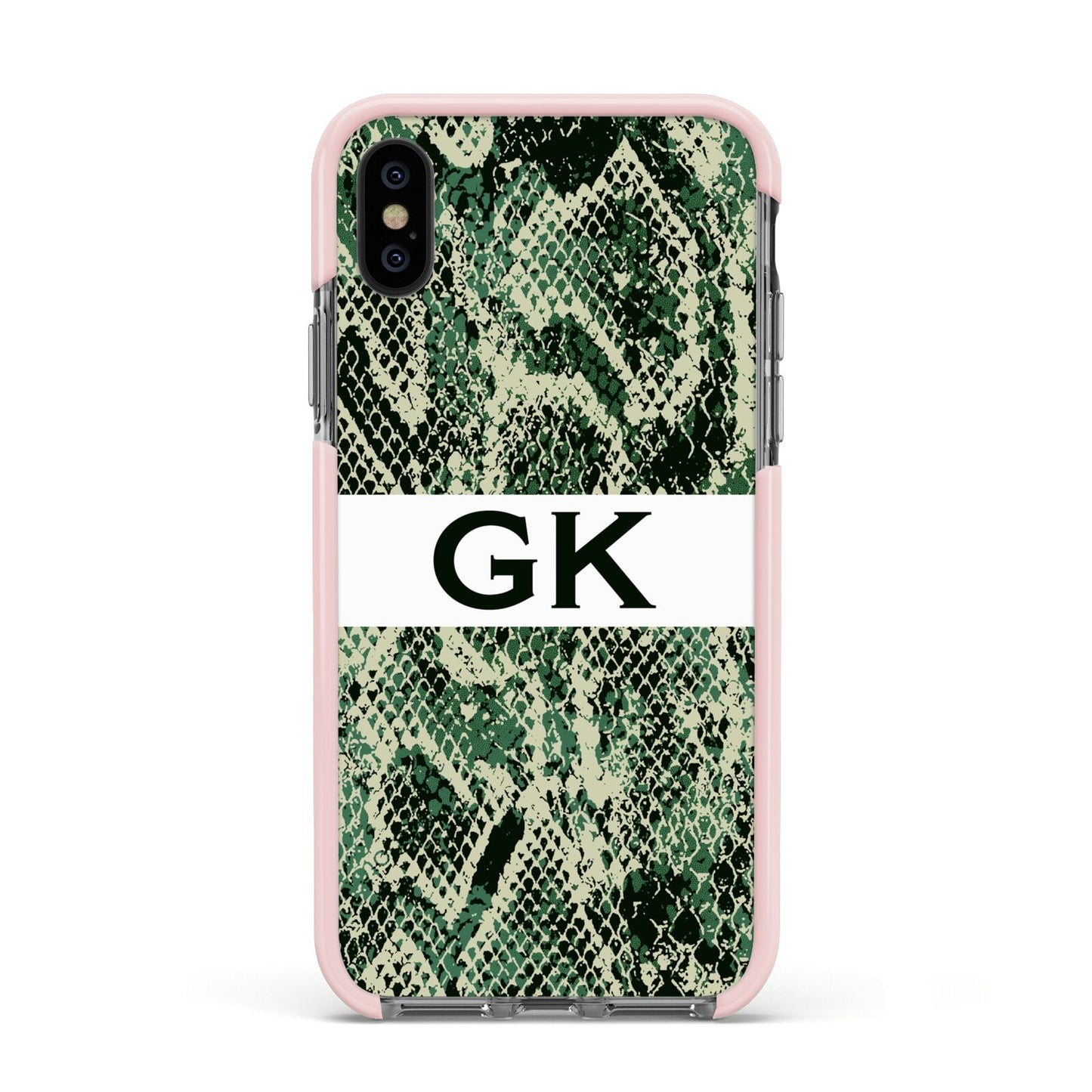 Custom Snakeskin Effect Apple iPhone Xs Impact Case Pink Edge on Black Phone