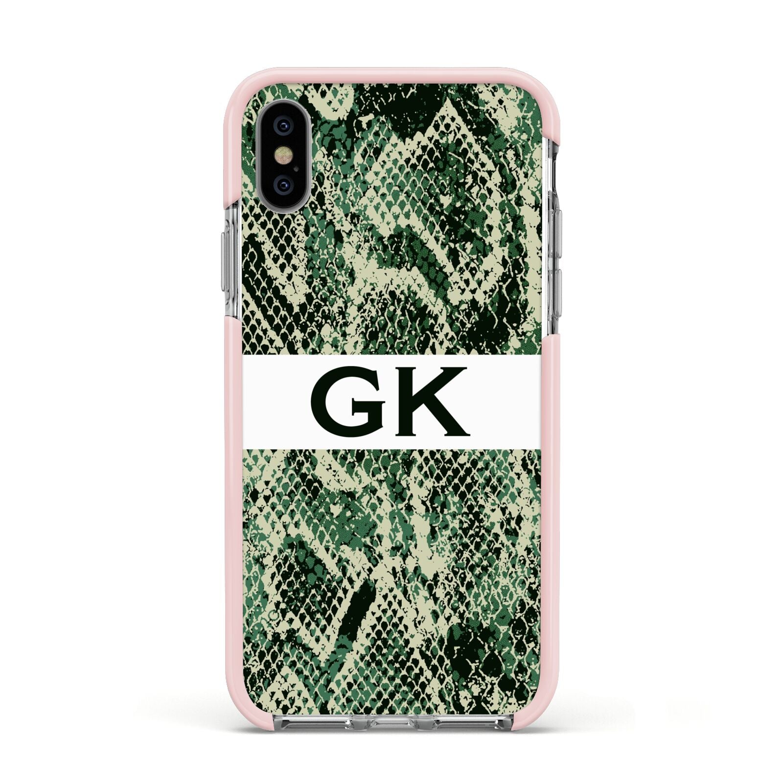 Custom Snakeskin Effect Apple iPhone Xs Impact Case Pink Edge on Silver Phone