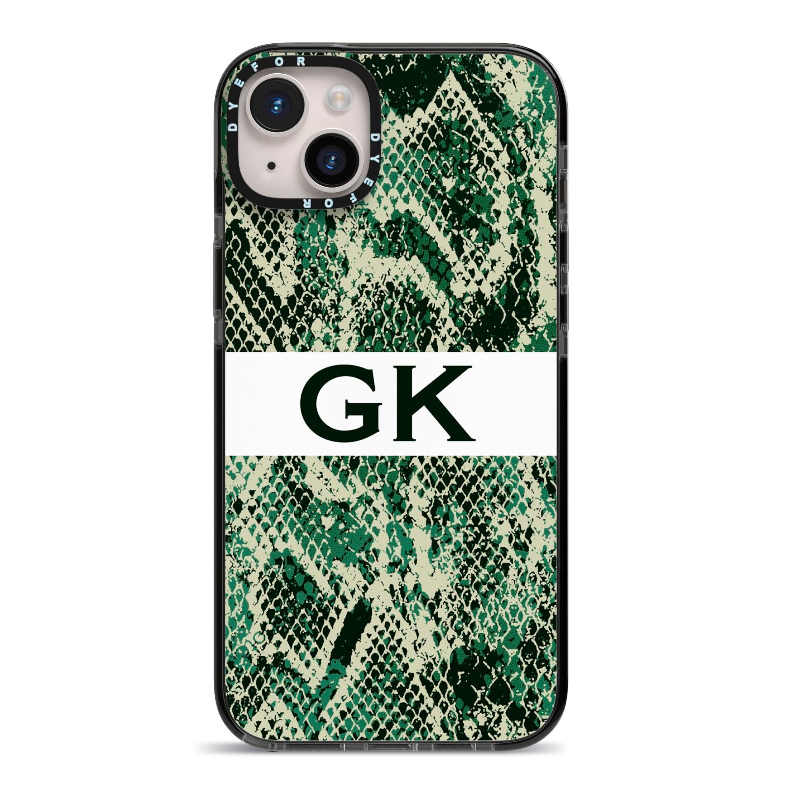 Custom Snakeskin Effect iPhone 14 Plus Black Impact Case on Silver phone