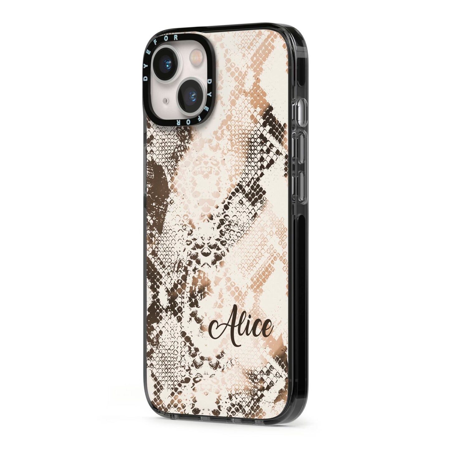 Custom Snakeskin iPhone 13 Black Impact Case Side Angle on Silver phone