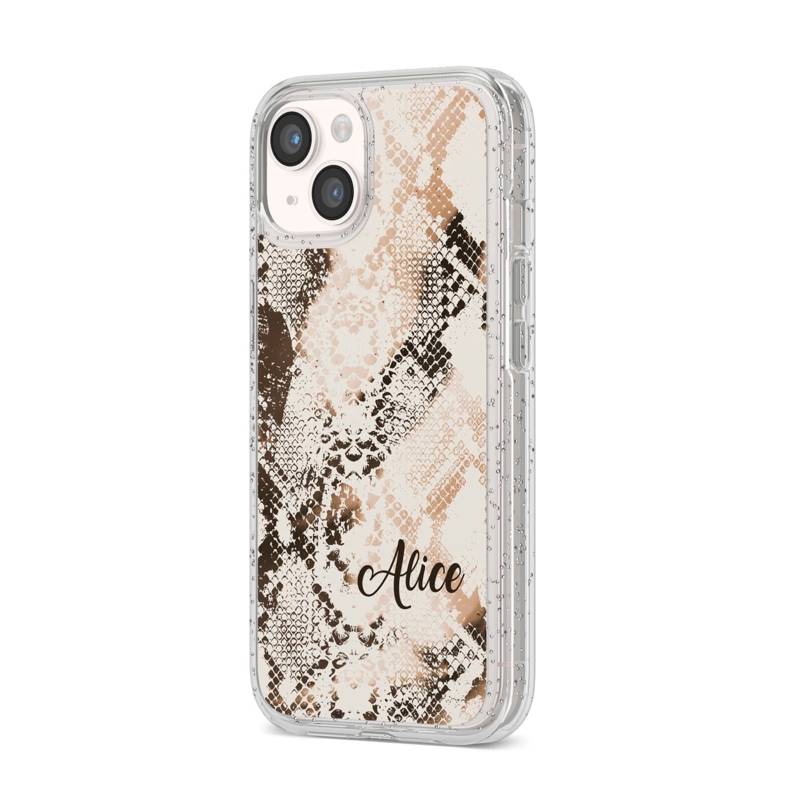 Custom Snakeskin iPhone 14 Glitter Tough Case Starlight Angled Image