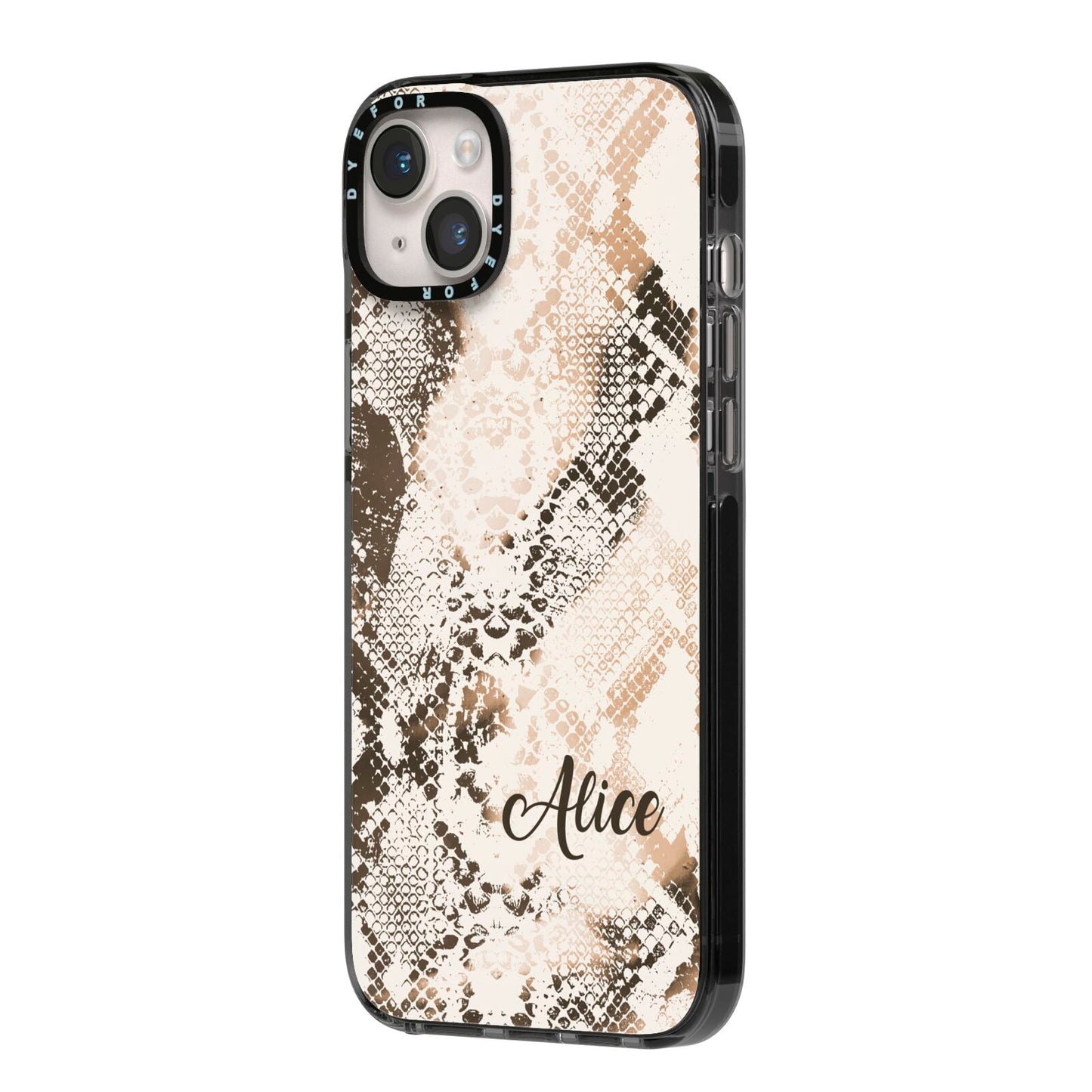 Custom Snakeskin iPhone 14 Plus Black Impact Case Side Angle on Silver phone