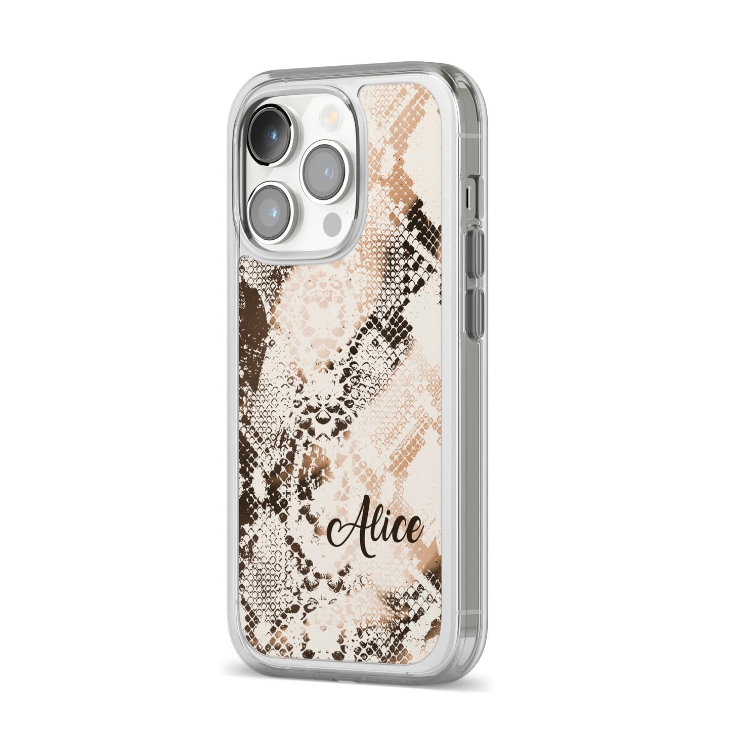 Custom Snakeskin iPhone 14 Pro Clear Tough Case Silver Angled Image