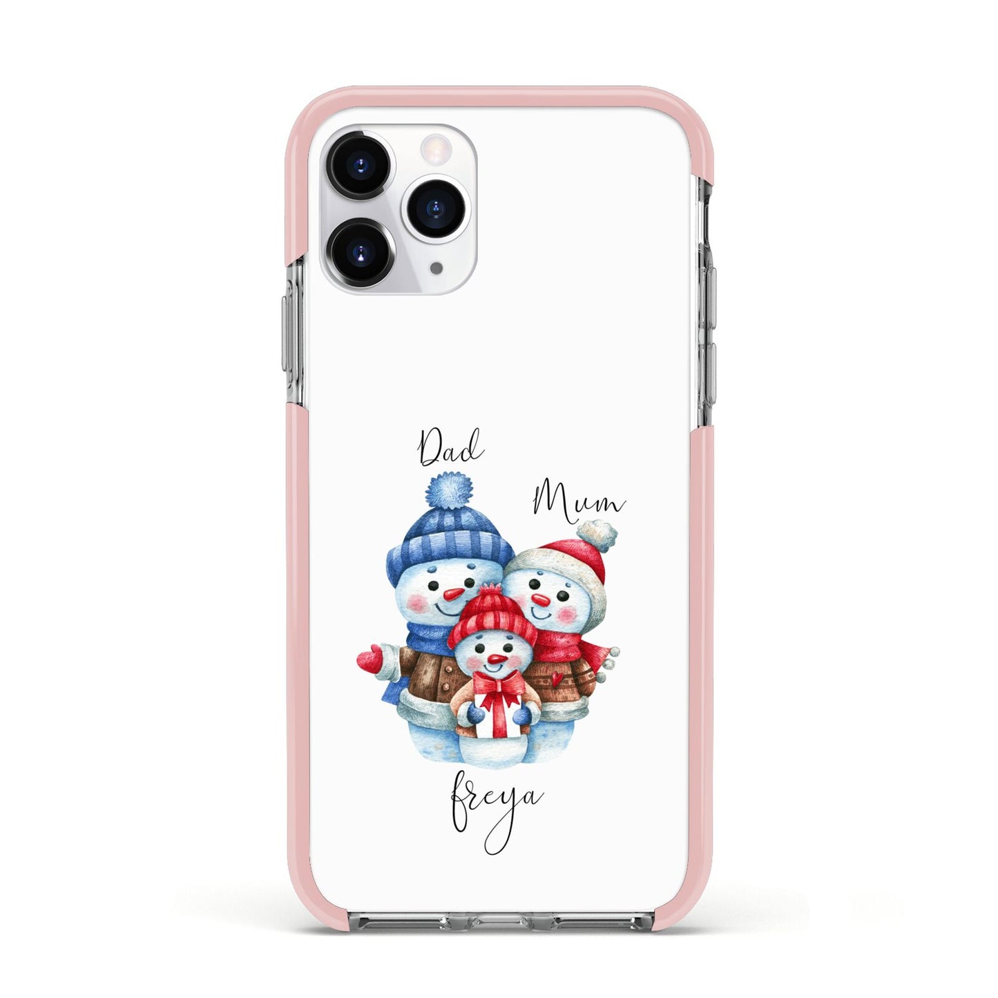 Custom Snowman Family Apple iPhone 11 Pro in Silver with Pink Impact Case