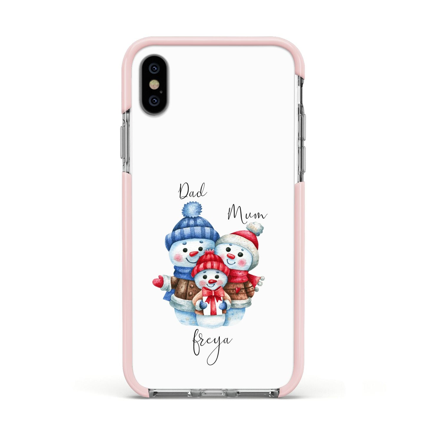 Custom Snowman Family Apple iPhone Xs Impact Case Pink Edge on Silver Phone