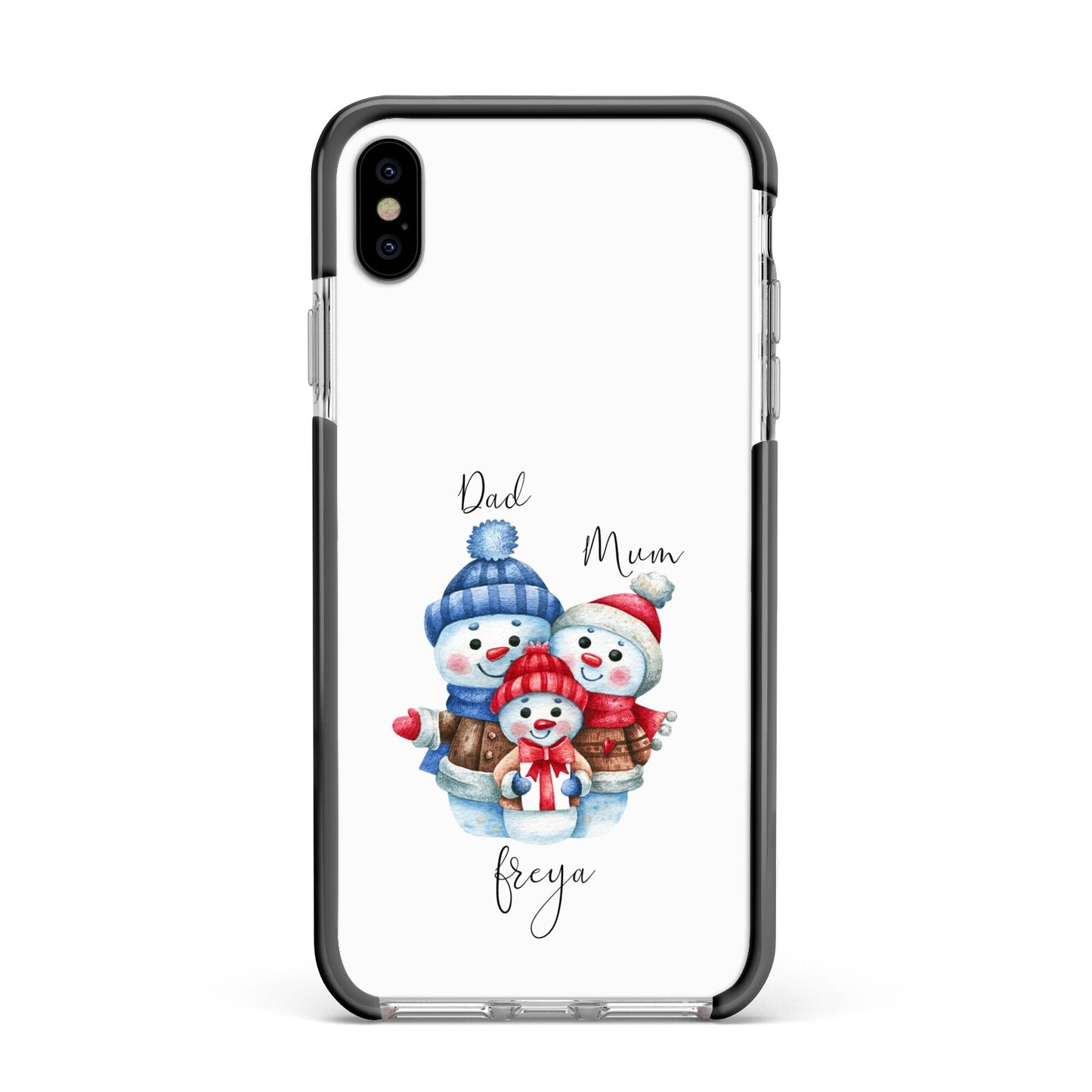 Custom Snowman Family Apple iPhone Xs Max Impact Case Black Edge on Silver Phone