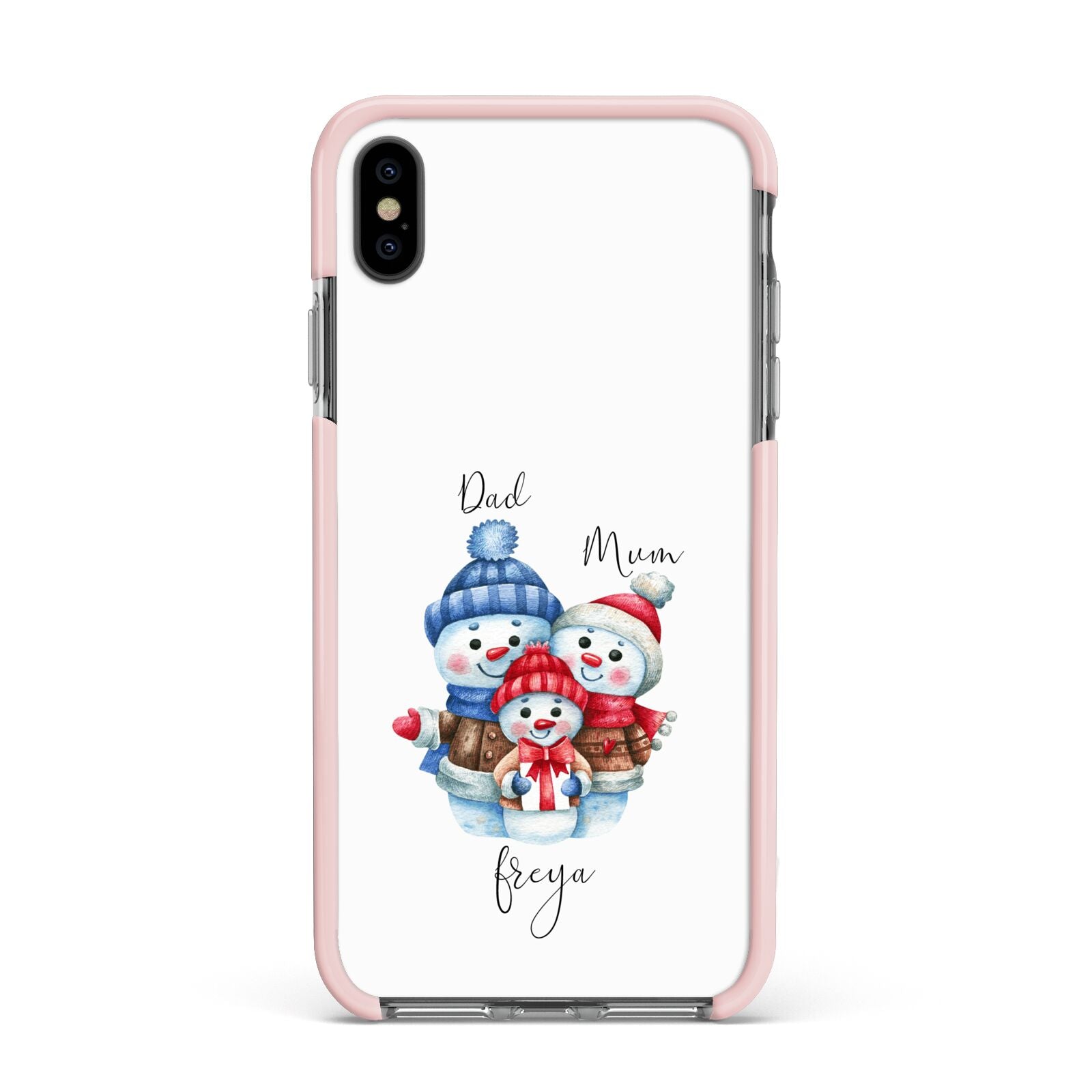 Custom Snowman Family Apple iPhone Xs Max Impact Case Pink Edge on Black Phone