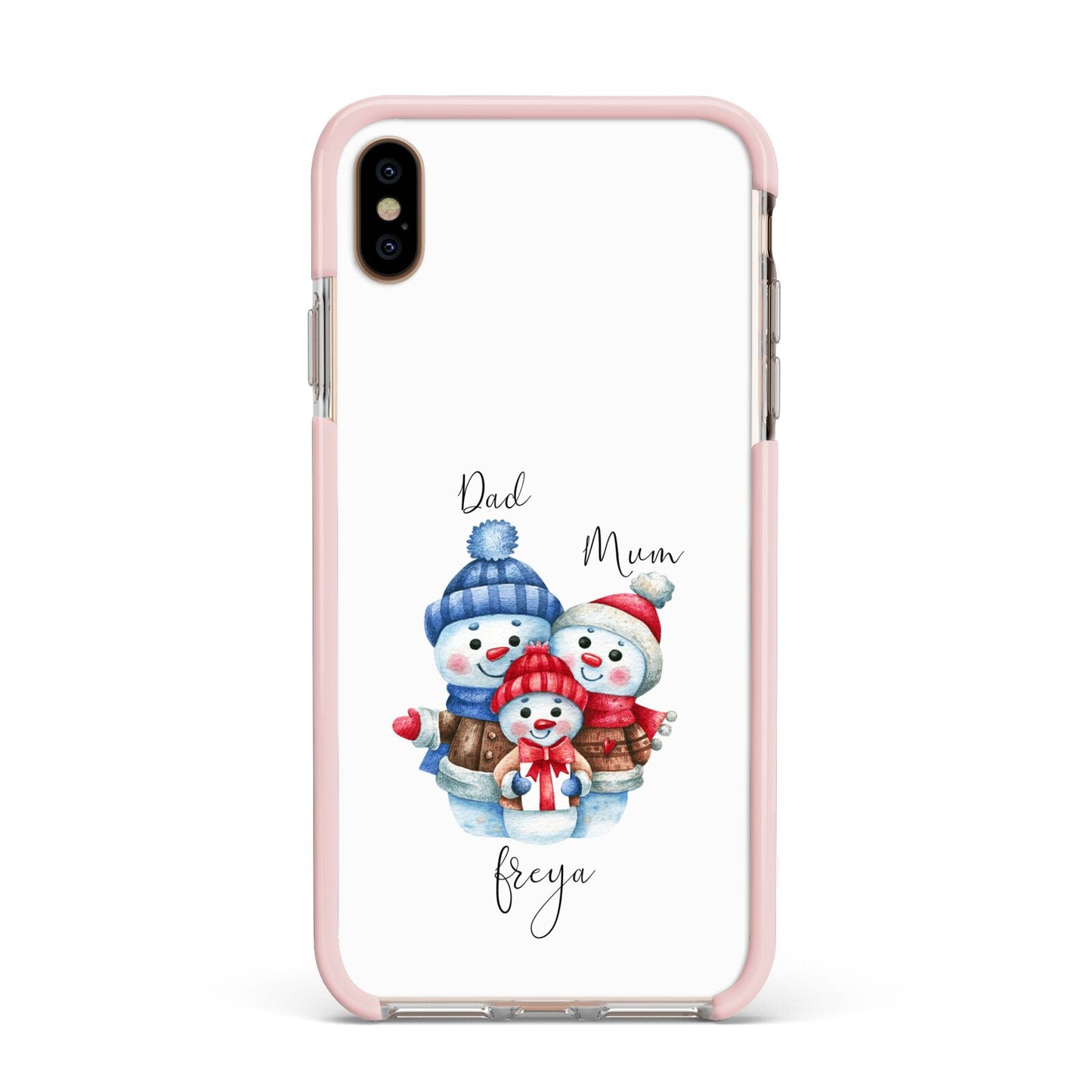 Custom Snowman Family Apple iPhone Xs Max Impact Case Pink Edge on Gold Phone