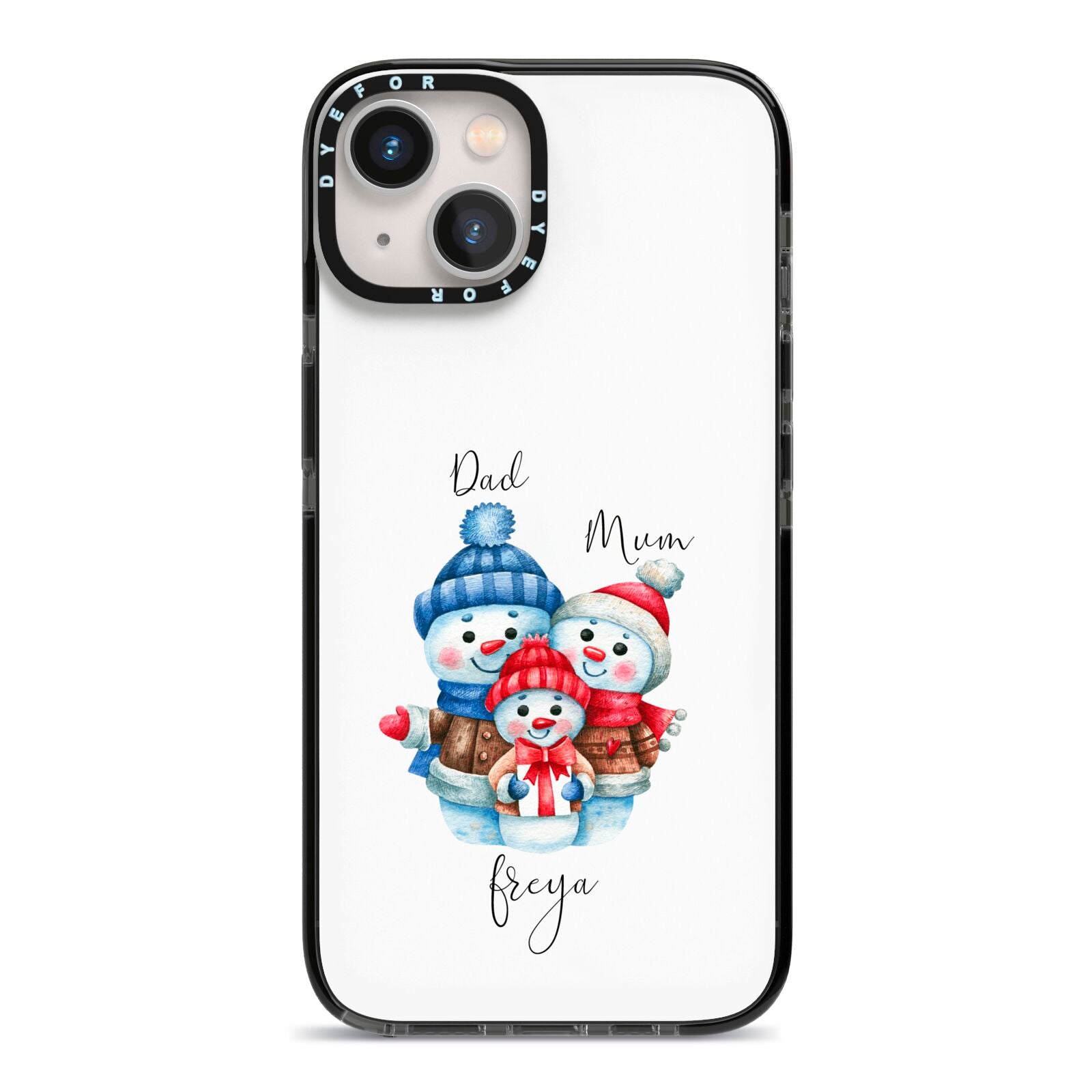 Custom Snowman Family iPhone 13 Black Impact Case on Silver phone