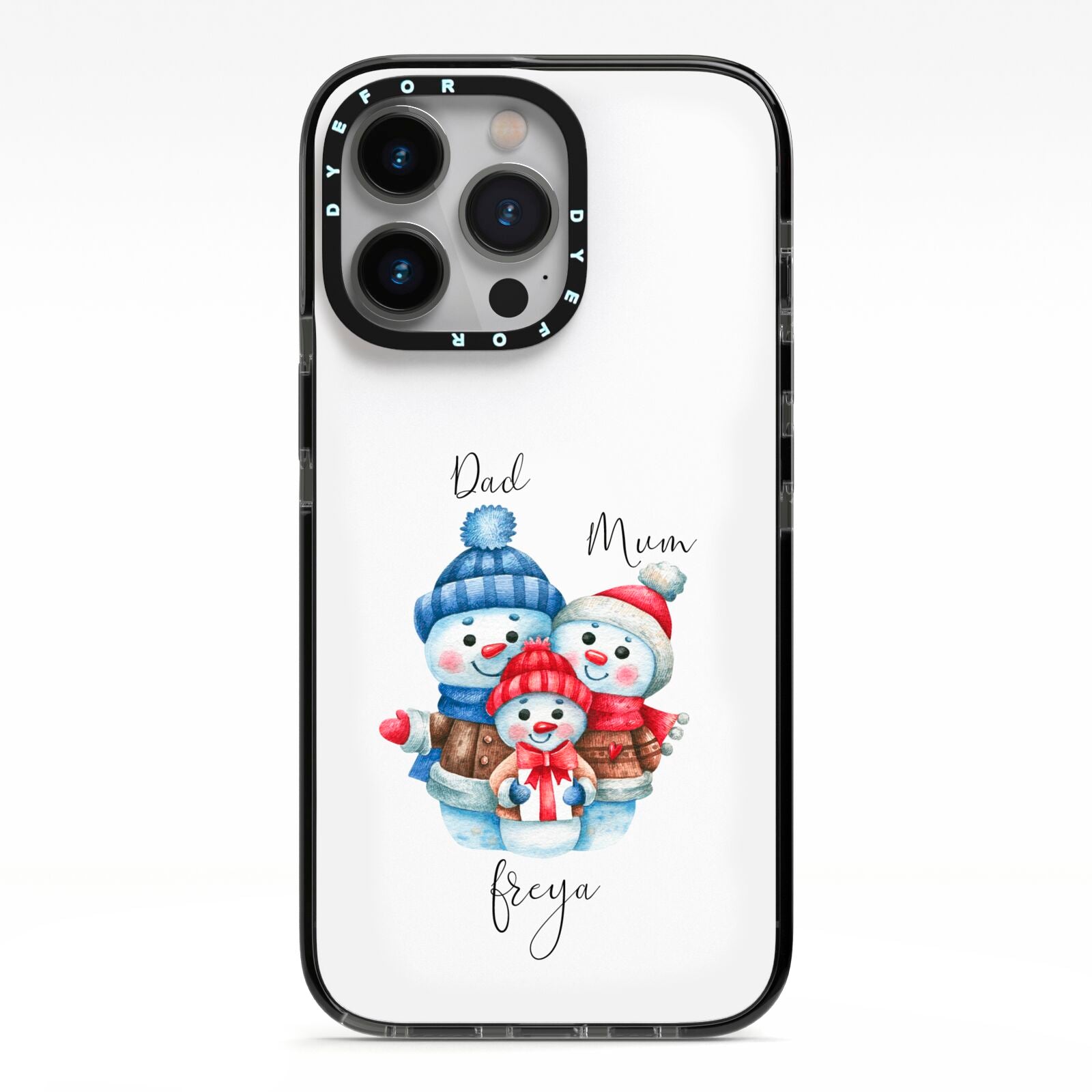 Custom Snowman Family iPhone 13 Pro Black Impact Case on Silver phone