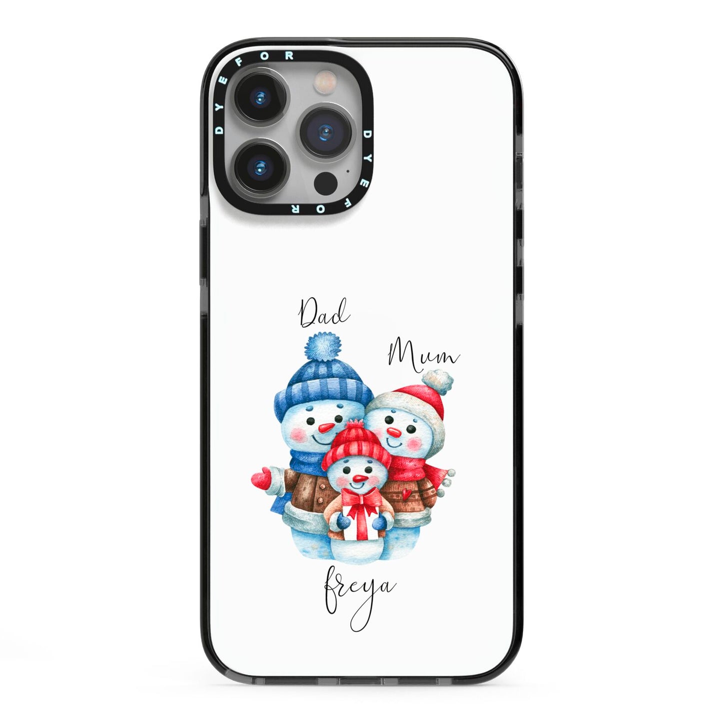 Custom Snowman Family iPhone 13 Pro Max Black Impact Case on Silver phone