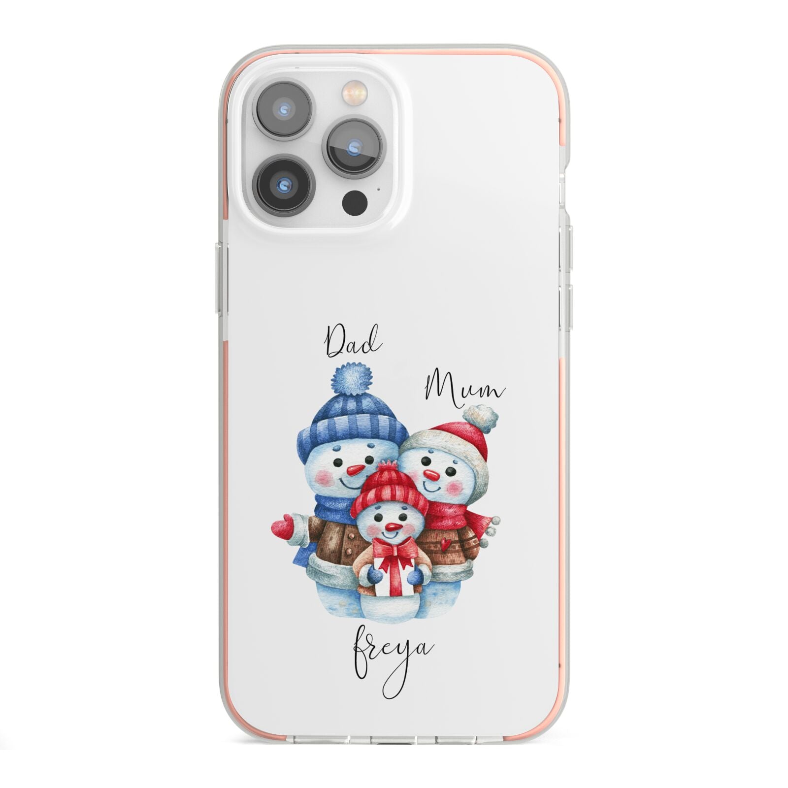 Custom Snowman Family iPhone 13 Pro Max TPU Impact Case with Pink Edges