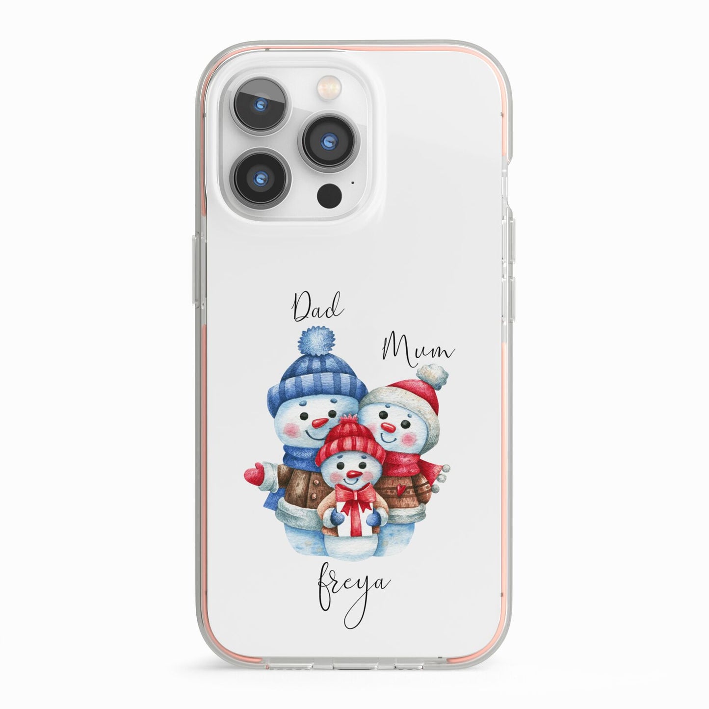 Custom Snowman Family iPhone 13 Pro TPU Impact Case with Pink Edges