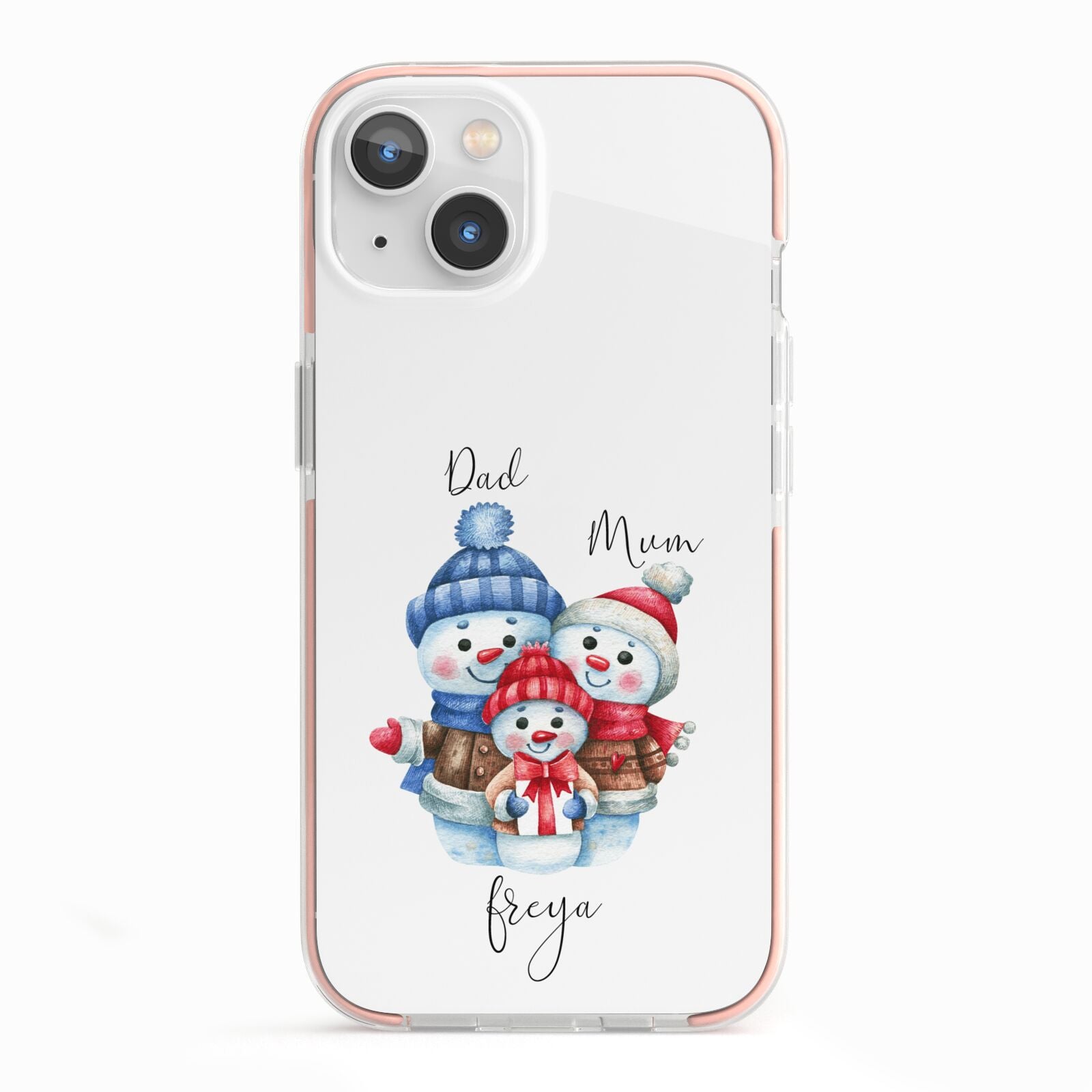 Custom Snowman Family iPhone 13 TPU Impact Case with Pink Edges