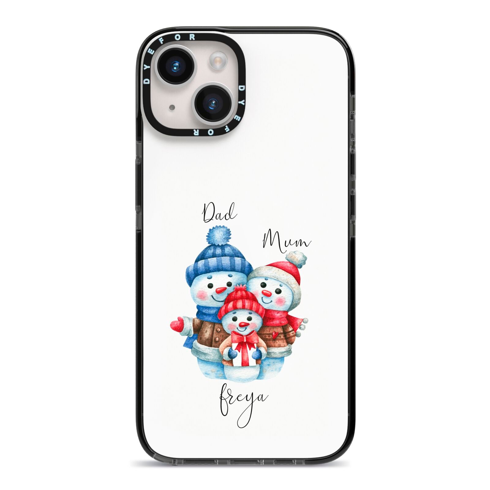 Custom Snowman Family iPhone 14 Black Impact Case on Silver phone