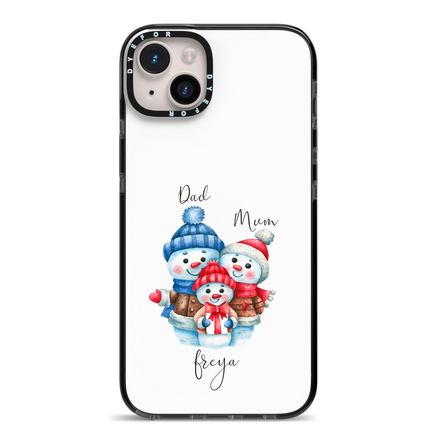 Custom Snowman Family iPhone 14 Plus Black Impact Case on Silver phone