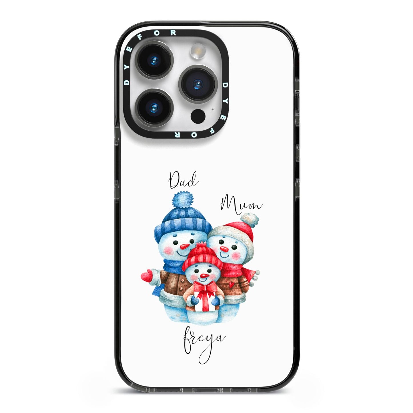 Custom Snowman Family iPhone 14 Pro Black Impact Case on Silver phone