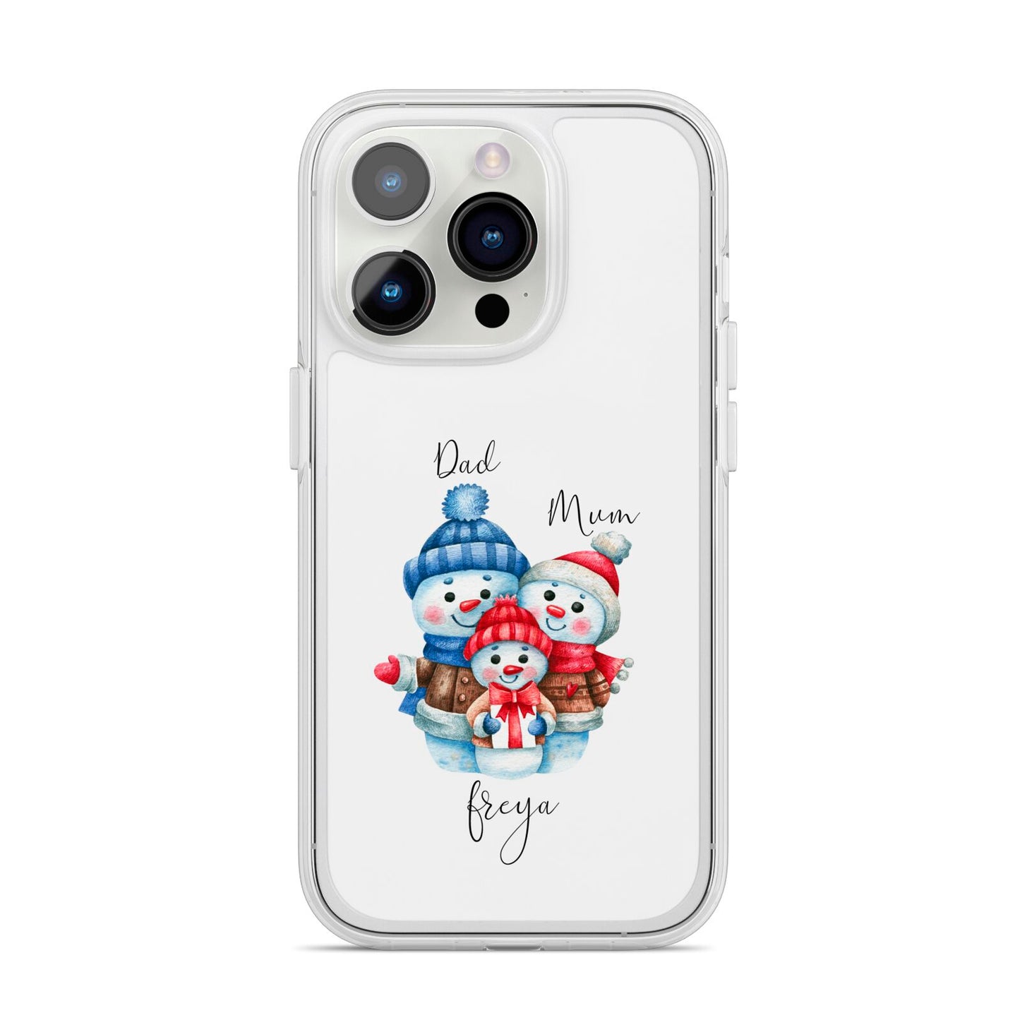 Custom Snowman Family iPhone 14 Pro Clear Tough Case Silver