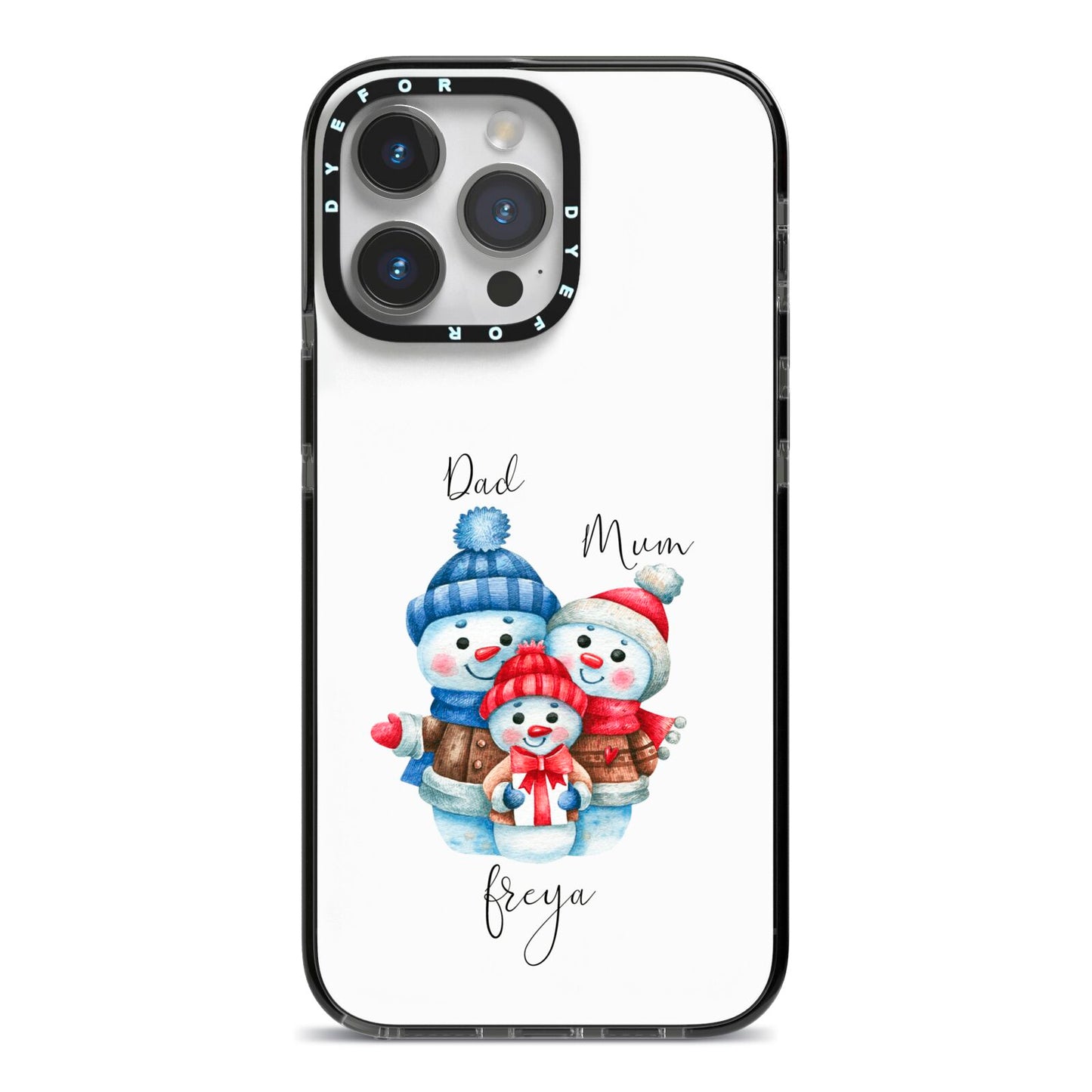 Custom Snowman Family iPhone 14 Pro Max Black Impact Case on Silver phone