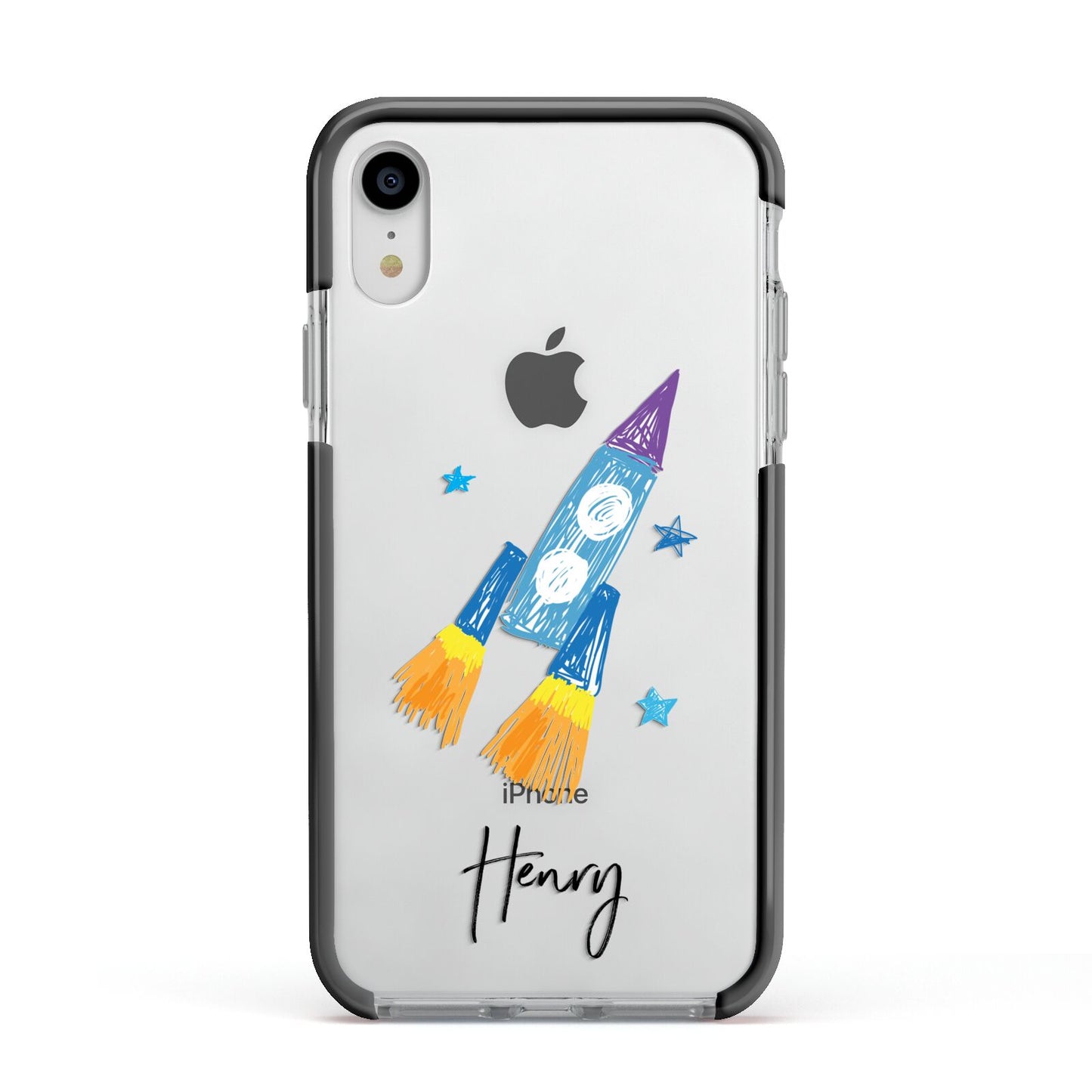 Custom Space Rocket Apple iPhone XR Impact Case Black Edge on Silver Phone