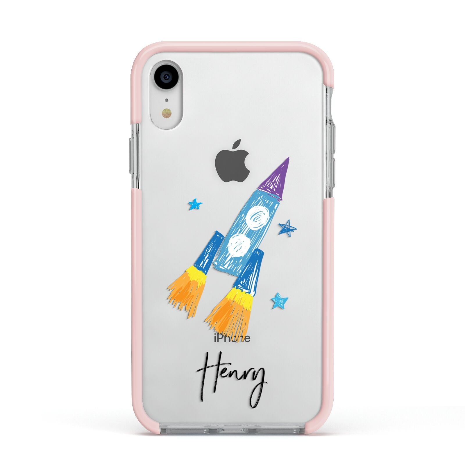 Custom Space Rocket Apple iPhone XR Impact Case Pink Edge on Silver Phone