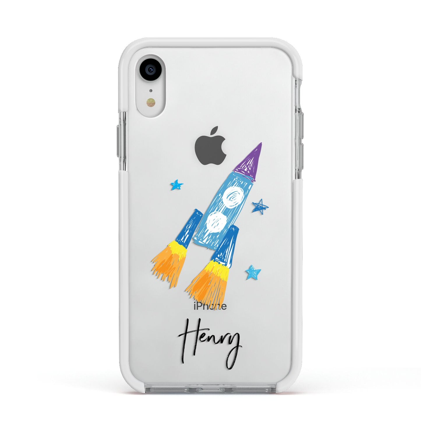 Custom Space Rocket Apple iPhone XR Impact Case White Edge on Silver Phone