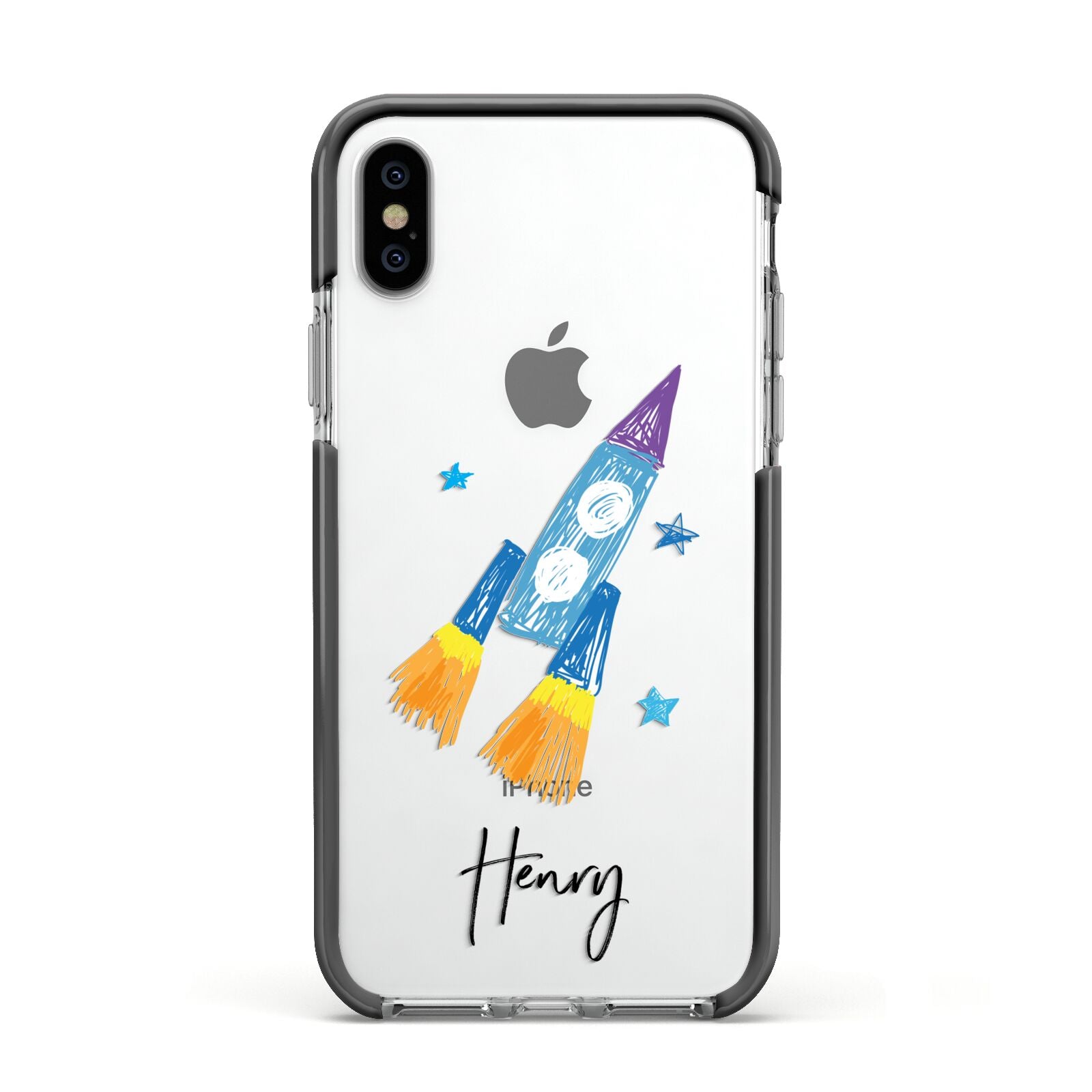 Custom Space Rocket Apple iPhone Xs Impact Case Black Edge on Silver Phone