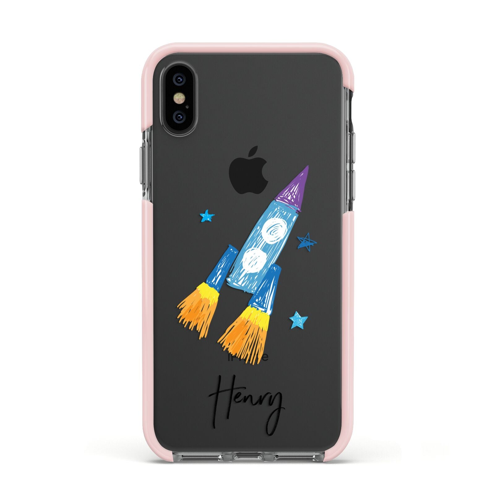 Custom Space Rocket Apple iPhone Xs Impact Case Pink Edge on Black Phone