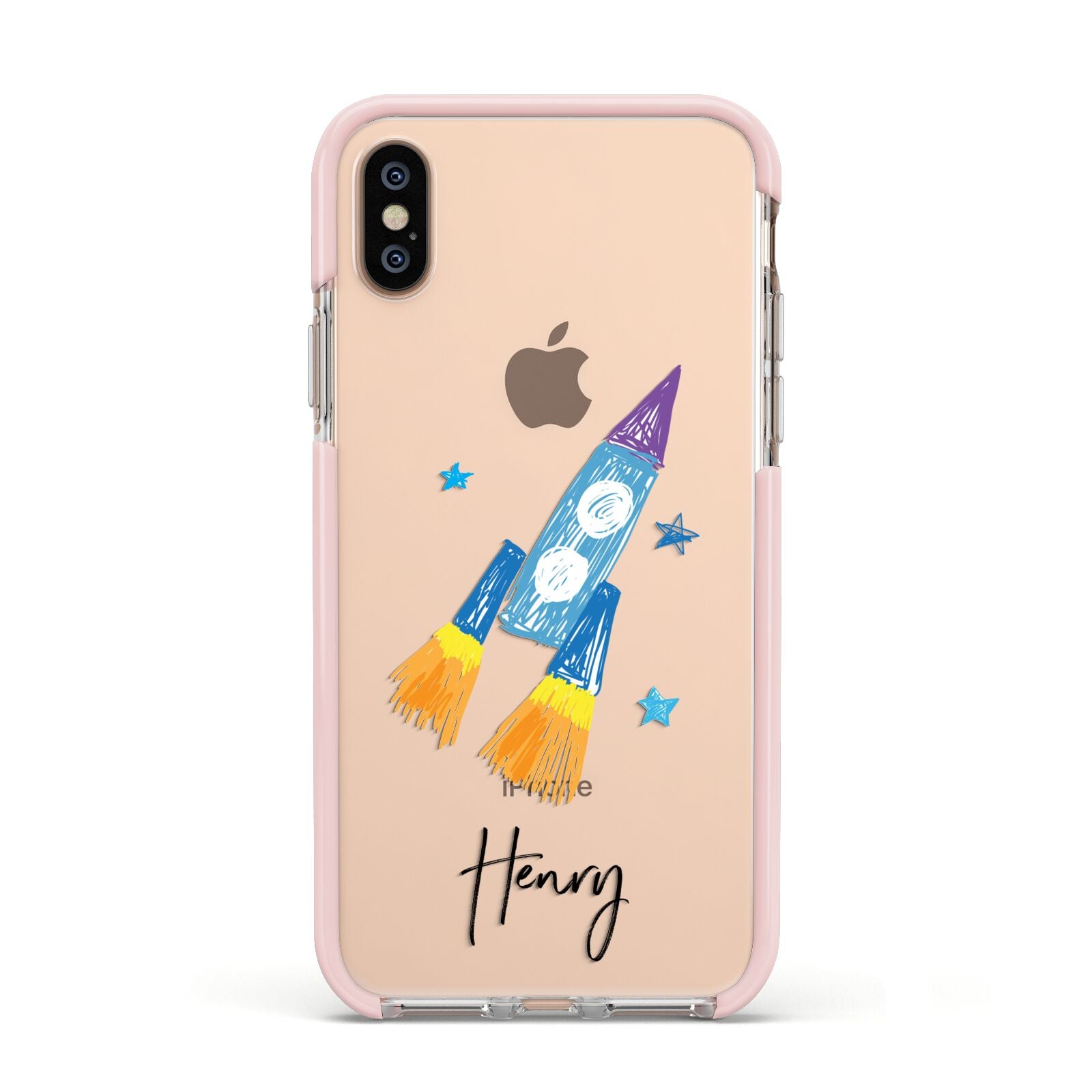 Custom Space Rocket Apple iPhone Xs Impact Case Pink Edge on Gold Phone