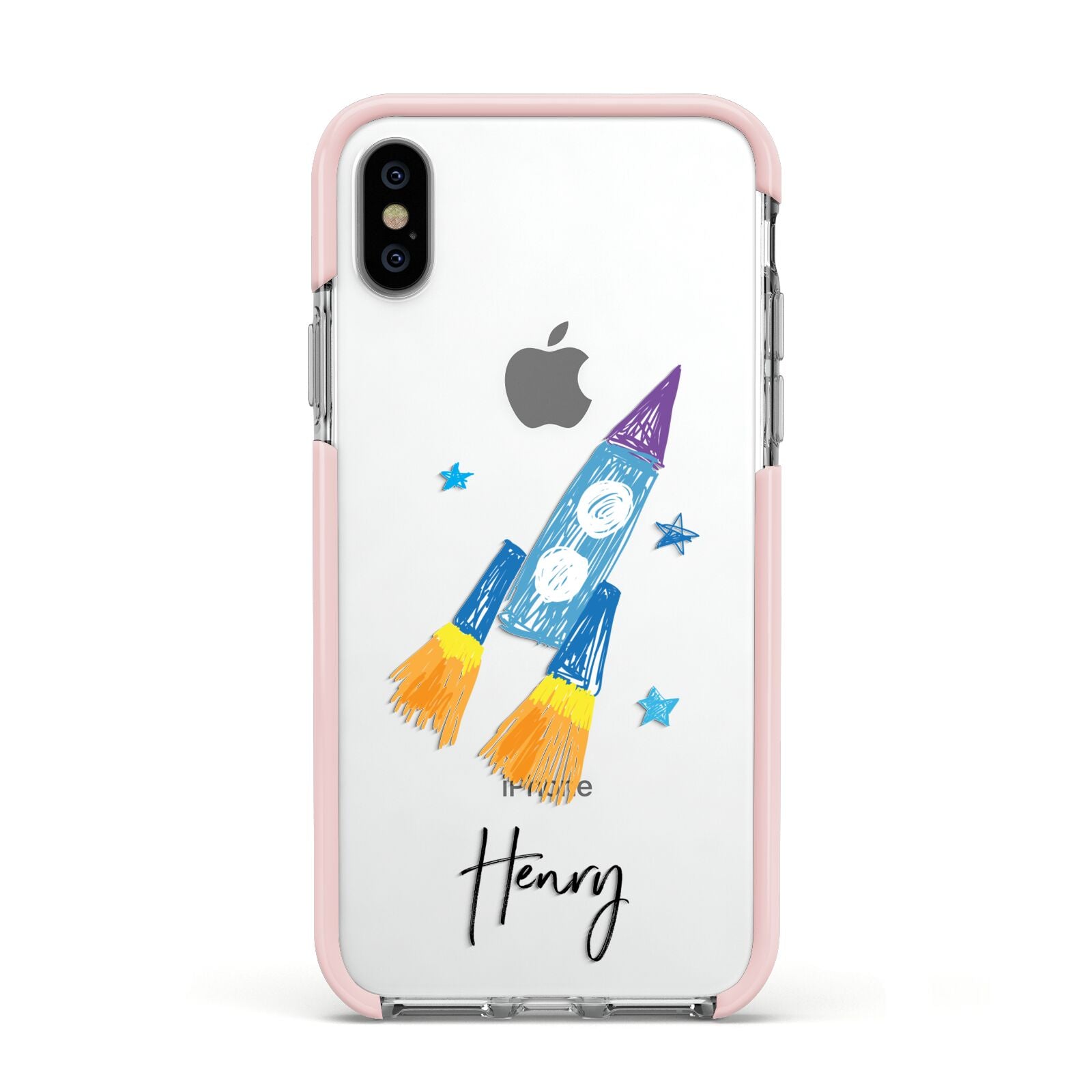 Custom Space Rocket Apple iPhone Xs Impact Case Pink Edge on Silver Phone