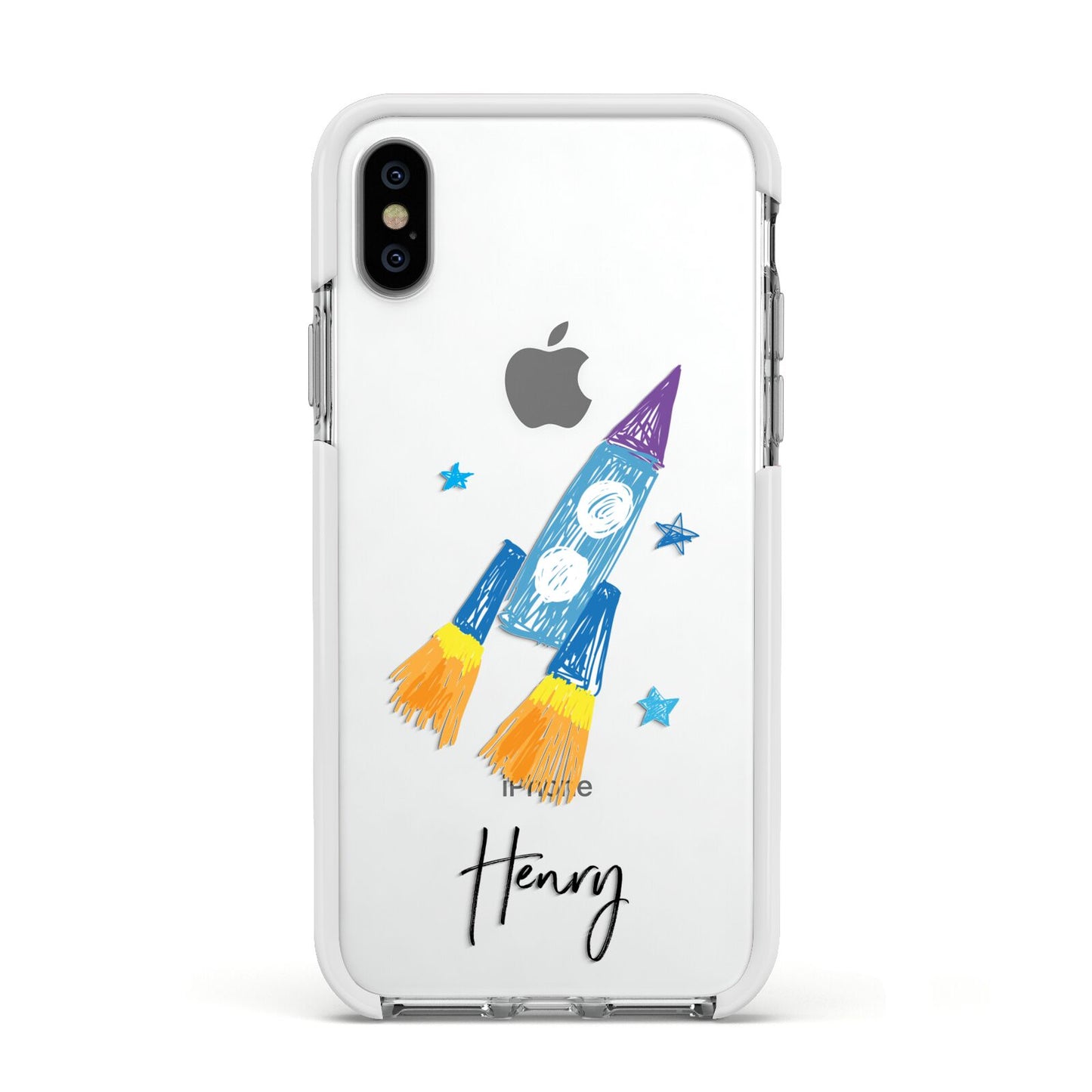 Custom Space Rocket Apple iPhone Xs Impact Case White Edge on Silver Phone