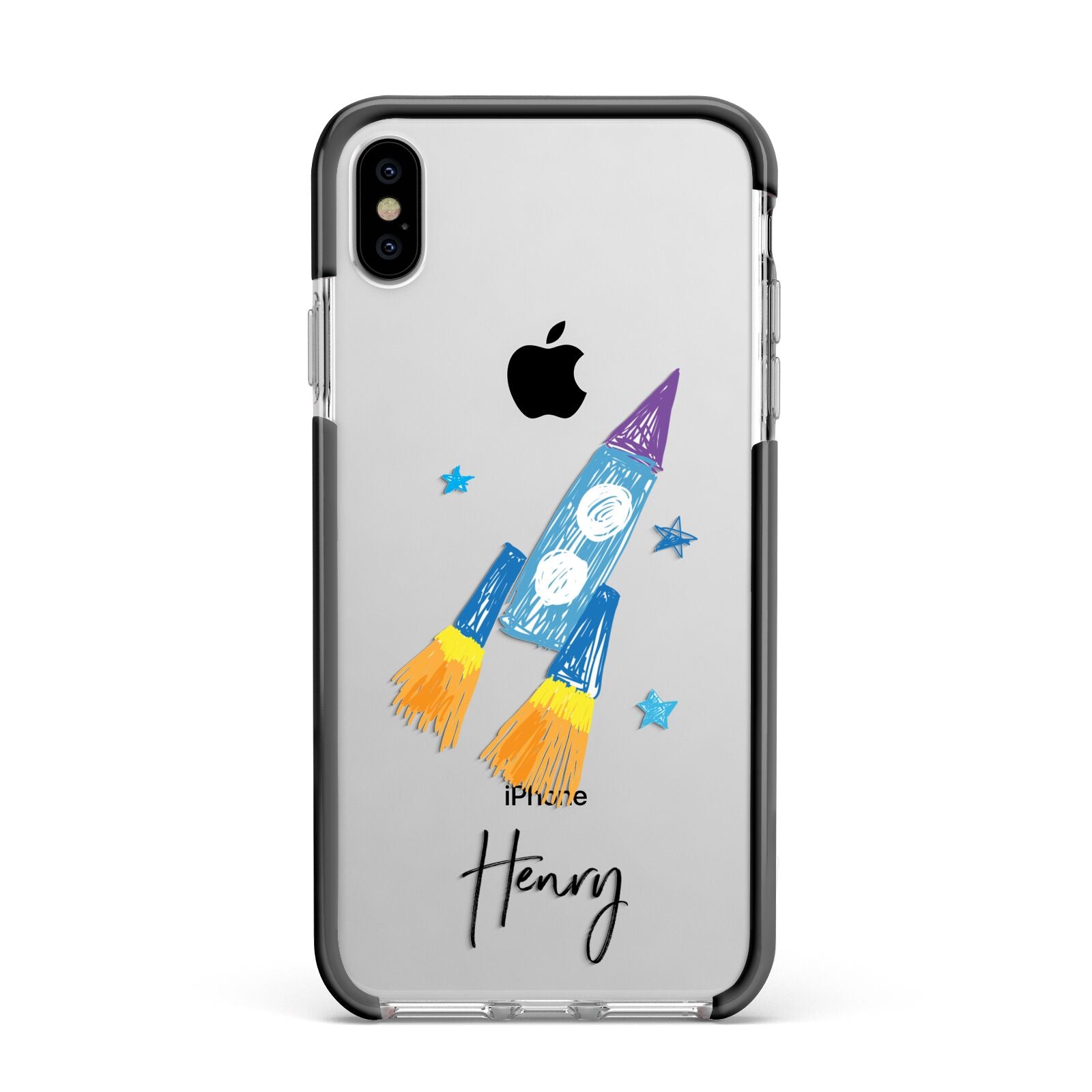 Custom Space Rocket Apple iPhone Xs Max Impact Case Black Edge on Silver Phone